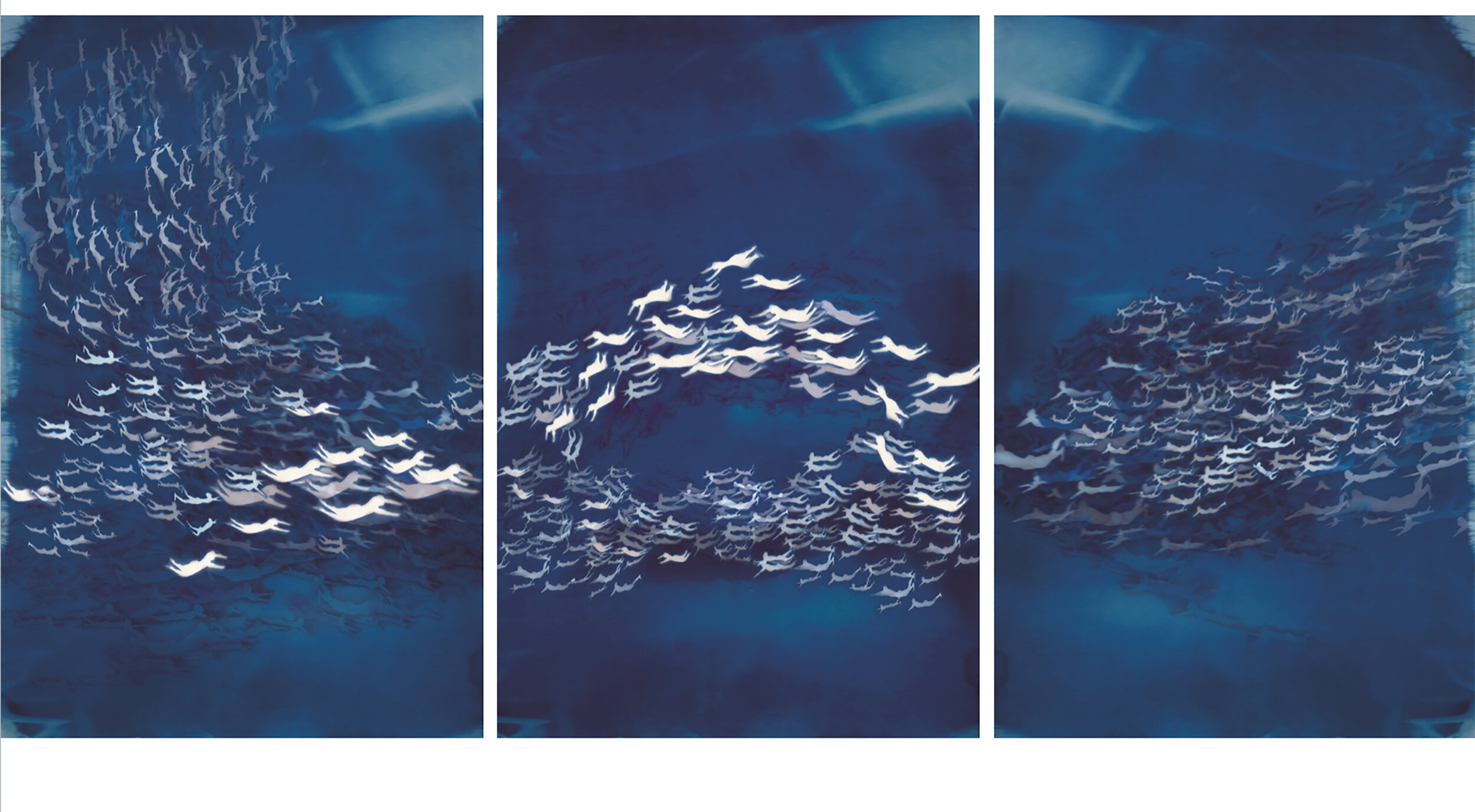  Han Qin,  The Age of Migration (Triptych) , 2018. Cyanotype, watercolor, inkjet print on silk, 90 x 60 inches&nbsp; ©Han Qin, courtesy Fou Gallery 