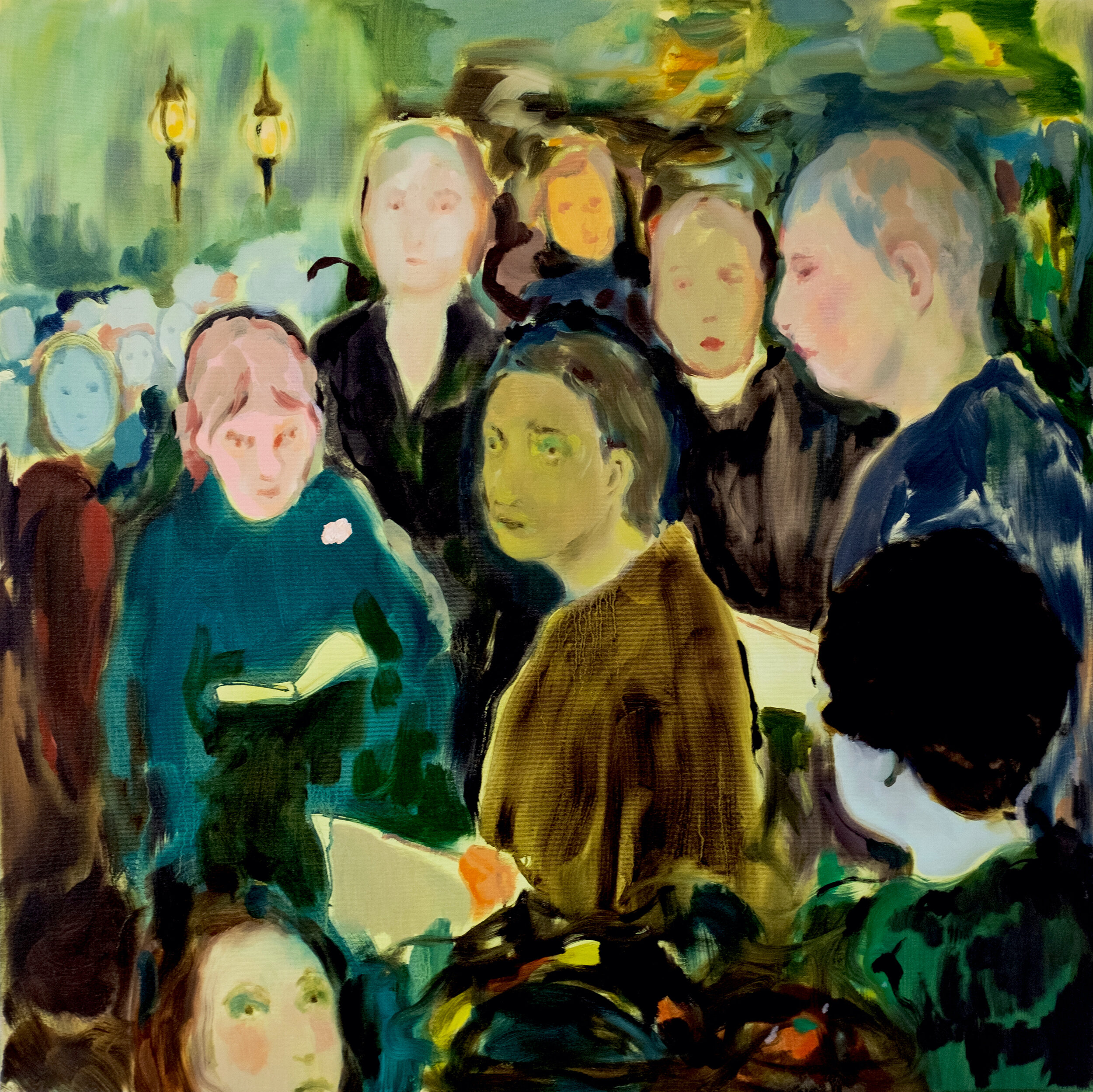  Cathleen Clarke,  All the People From Your Past , 2021. Oil and acrylic on canvas, 36 x 36 inches. ©Cathleen Clarke, courtesy of Fou Gallery 