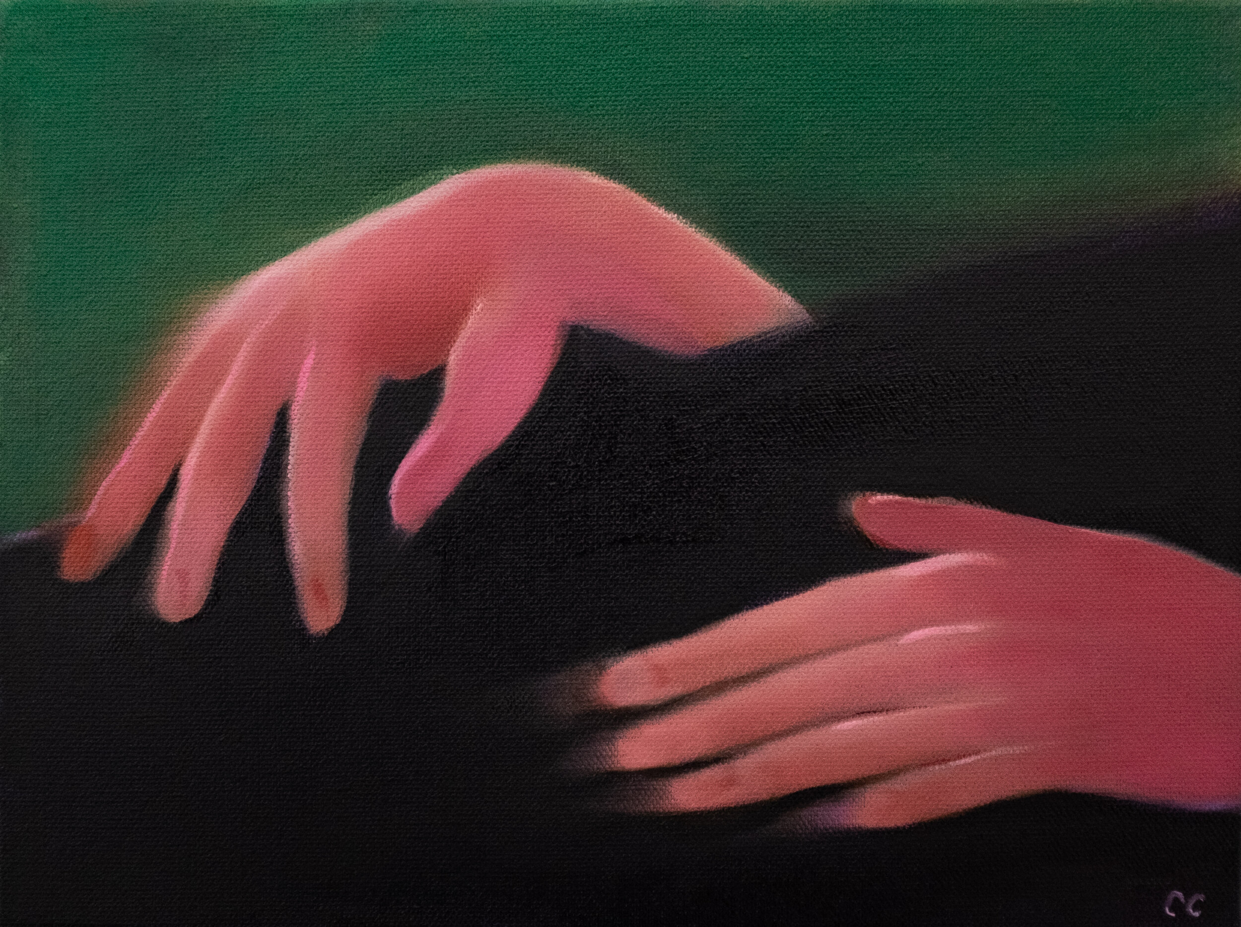  Cathleen Clarke,  Both Hands , 2021. Oil and acrylic on canvas, 9 x 12 inches. ©Cathleen Clarke, courtesy of Fou Gallery 