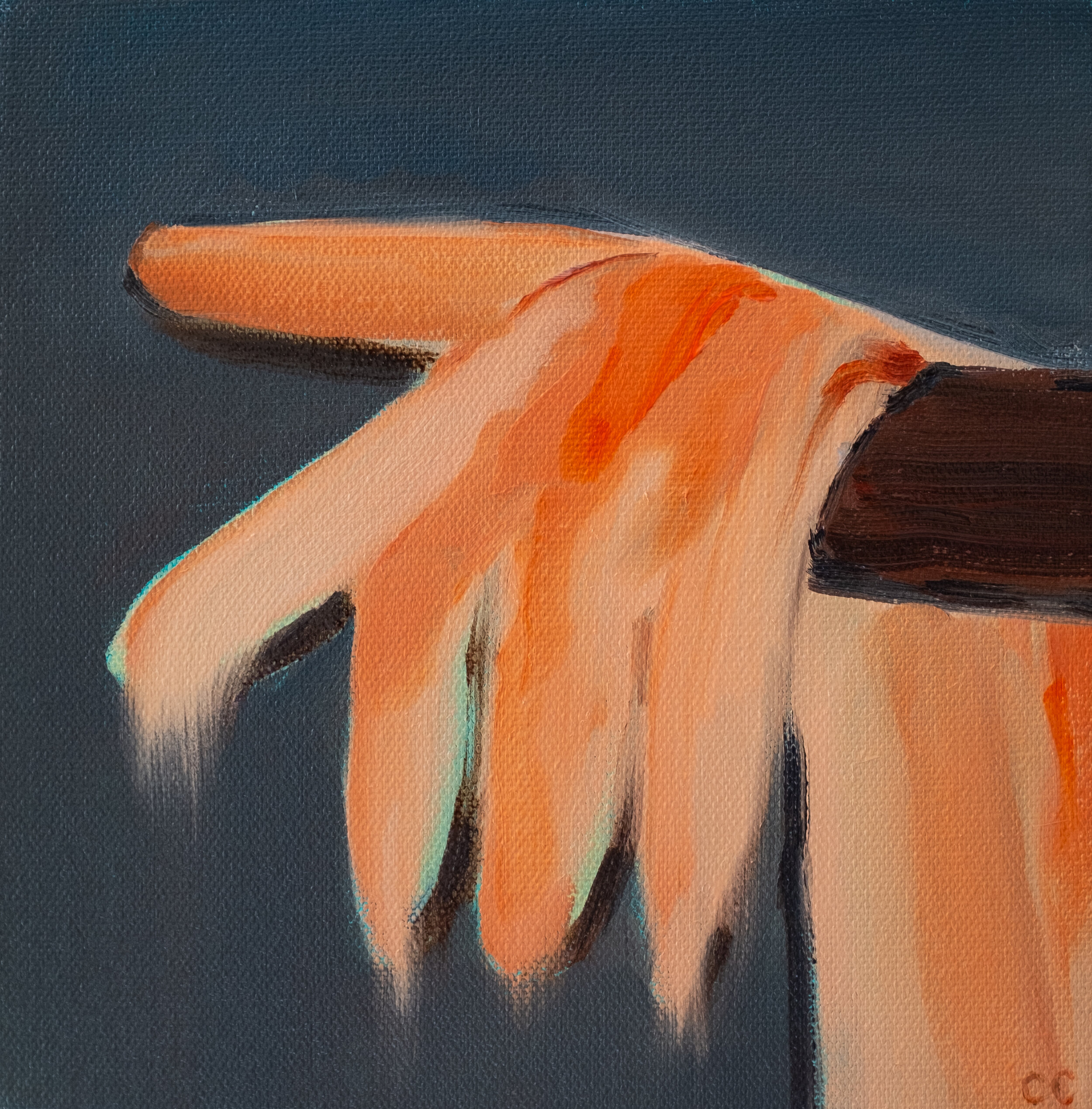  Cathleen Clarke,  The Glove , 2021. Oil and acrylic on canvas, 8 x 8 inches. ©Cathleen Clarke, courtesy of Fou Gallery 