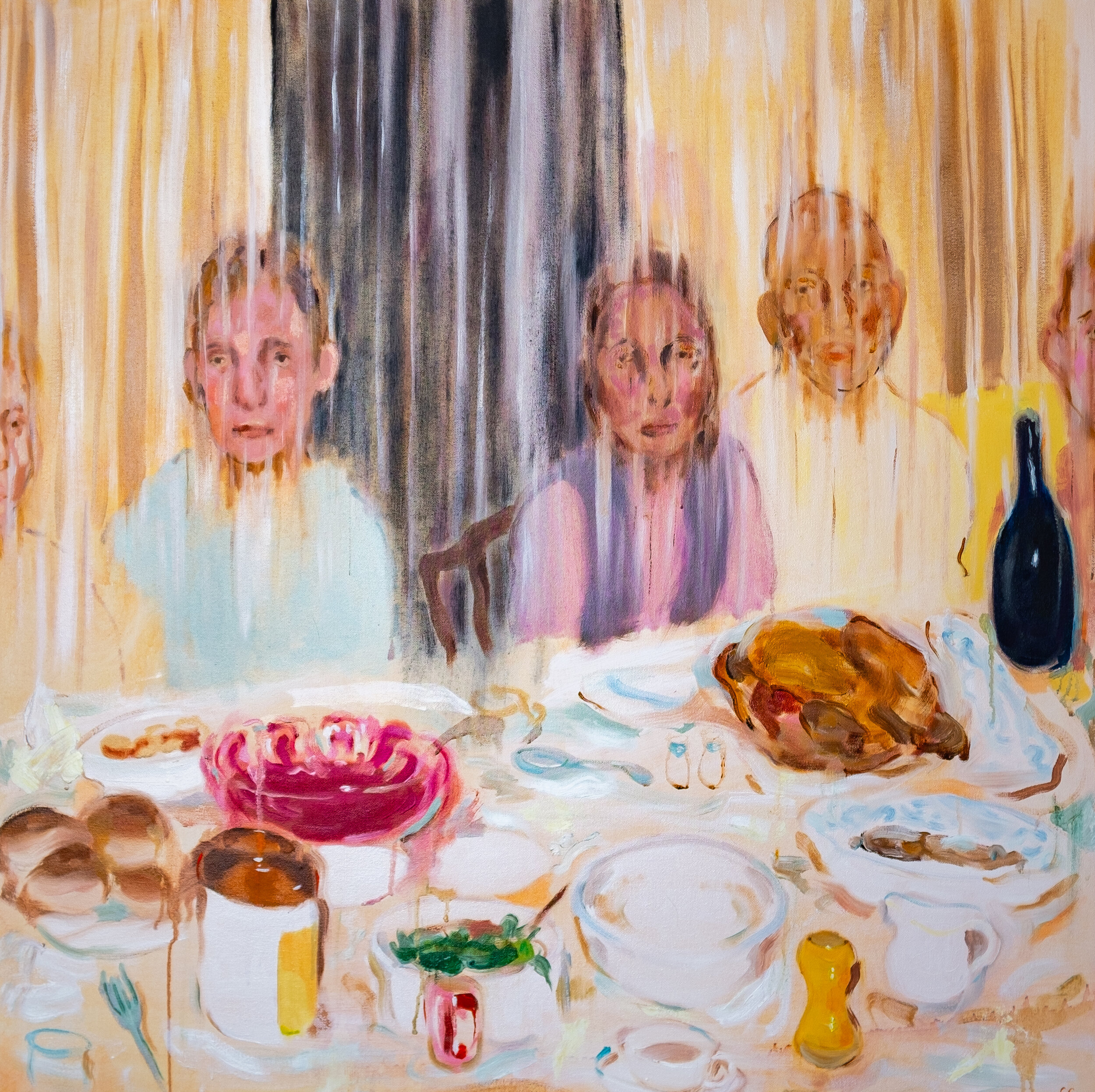  Cathleen Clarke,  The Dinner Party, Part II , 2021. Oil and acrylic on canvas, 36 x 36 inches. ©Cathleen Clarke, courtesy of Fou Gallery 