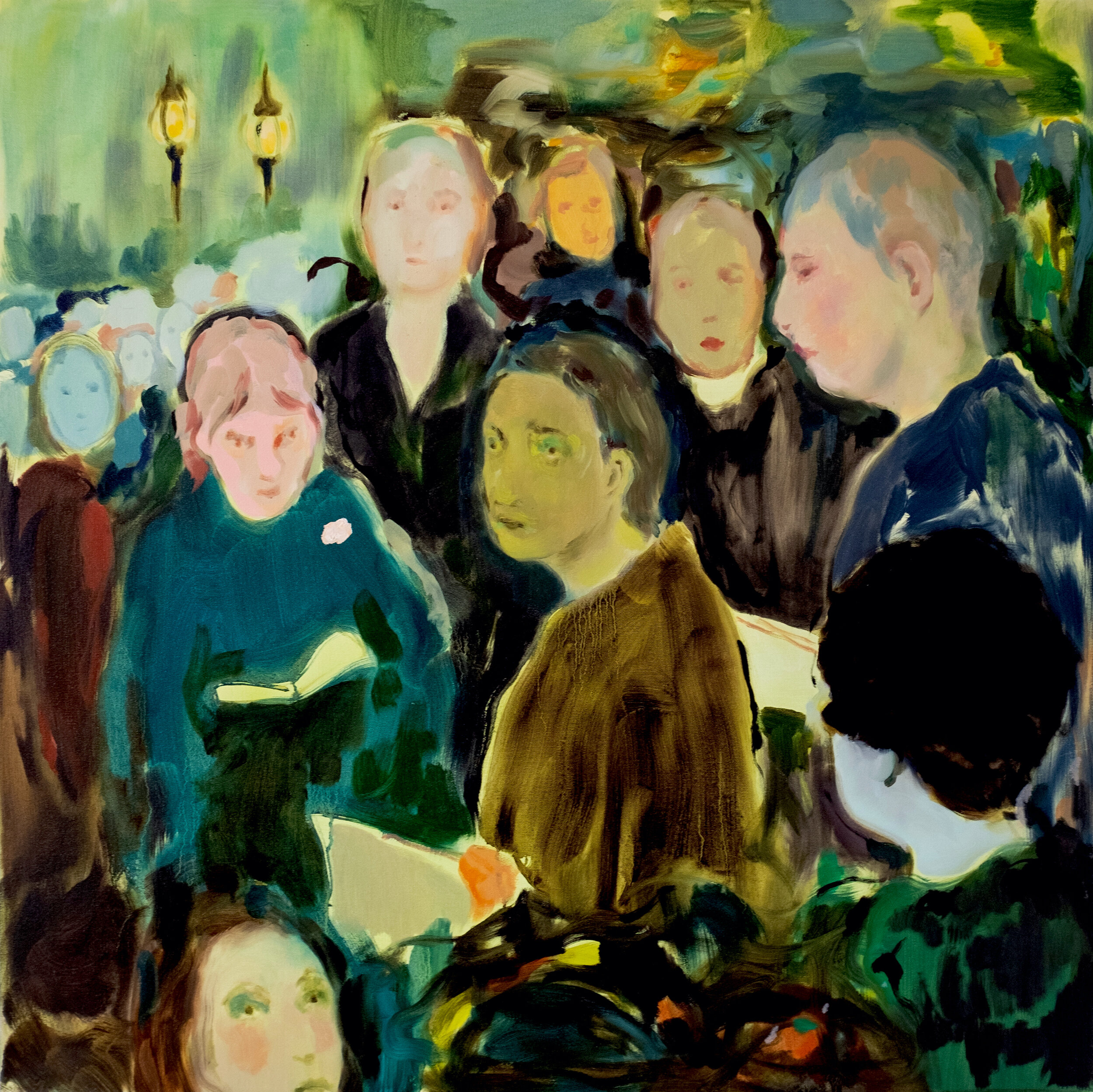   All the People From Your Past , 2021. Oil and acrylic on canvas, 36 x 36 inches ©Cathleen Clarke, courtesy of Fou Gallery and The Honey Pump 