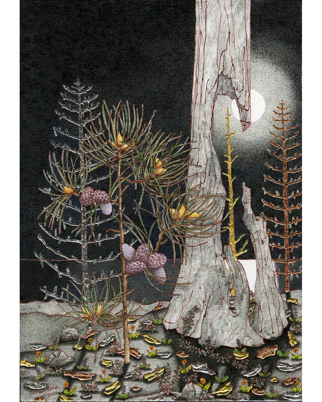  Michael Eade,  Pine Tree Sapling (Small), No. 5, Under Full Moon , 2020. Egg tempera, raised 22k gold leaf, raised copper and aluminum leaf on wood panel, 17 x 12 inches ©Michael Eade, courtesy Fou Gallery 