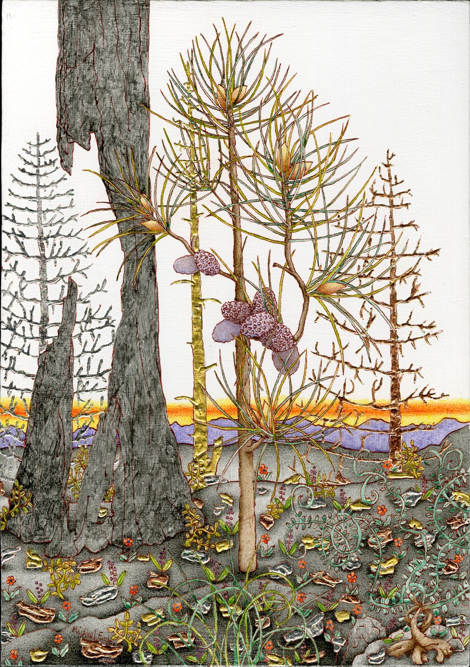  Michael Eade,  Early Sunrise, Pine Tree Sapling (Small), No. 3,  2020. Egg tempera, raised 22k gold leaf, raised copper and aluminum leaf on wood panel. 17 x 12 inches @Michael Eade, courtesy of Fou Gallery 