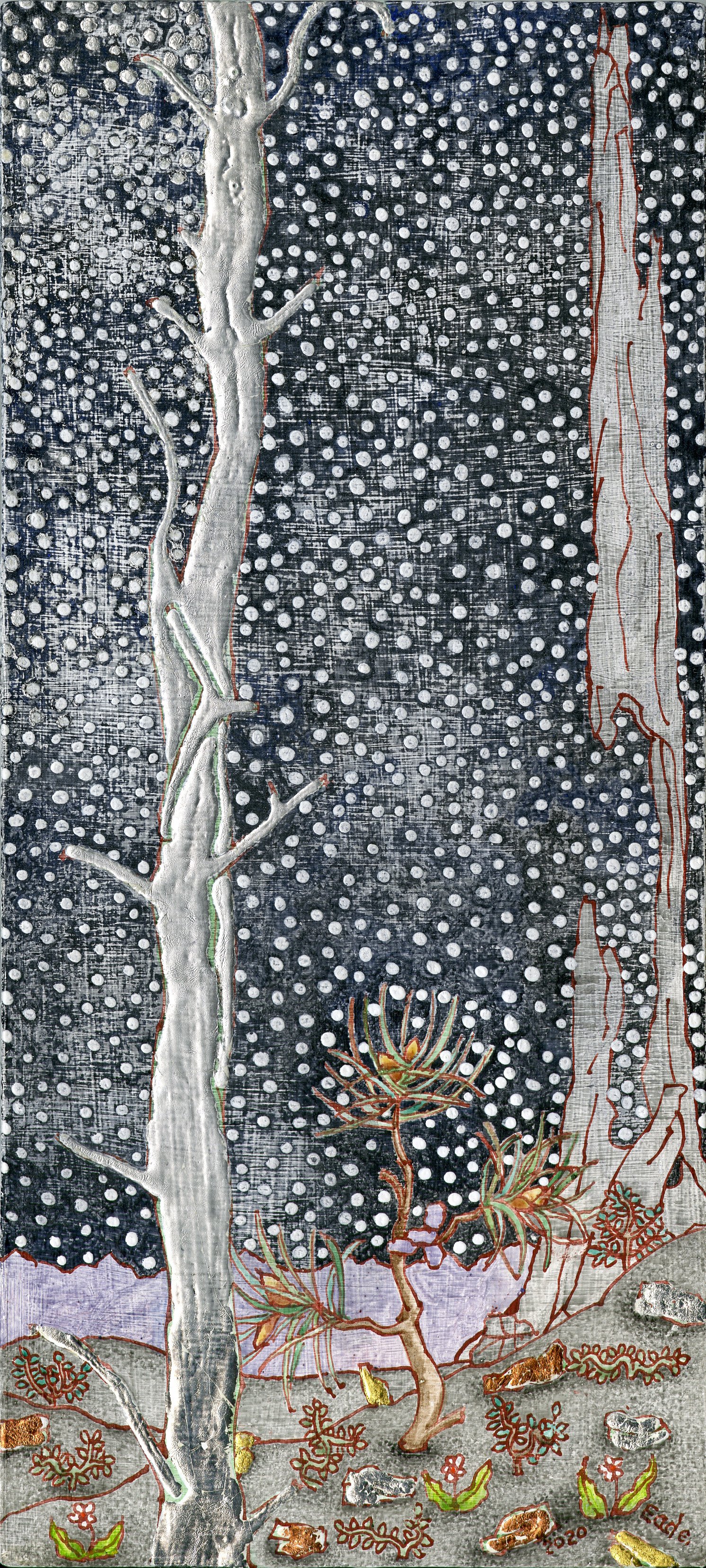  Michael Eade,  A Very Starry Night (Study), No. 1,  2020. Egg tempera, raised 22k gold leaf, raised copper and aluminum leaf on wood panel. 11 x 5 inches @Michael Eade, courtesy of Fou Gallery 