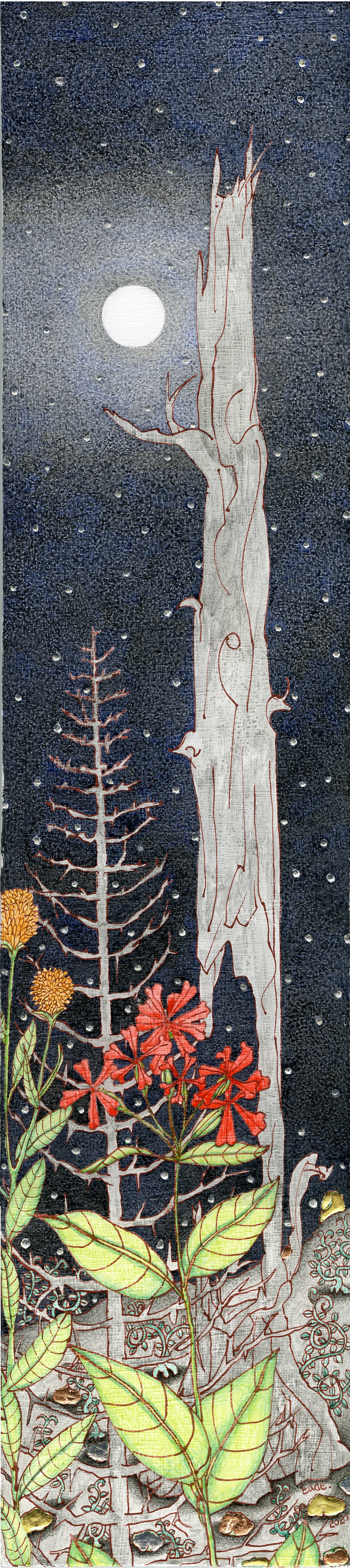 Michael Eade,  Full Moon and Stars (Study), No. 3,  2021. Egg tempera, raised 22k gold leaf, raised copper and aluminum leaf on wood panel. 22.5 x 5 inches @Michael Eade, courtesy of Fou Gallery 