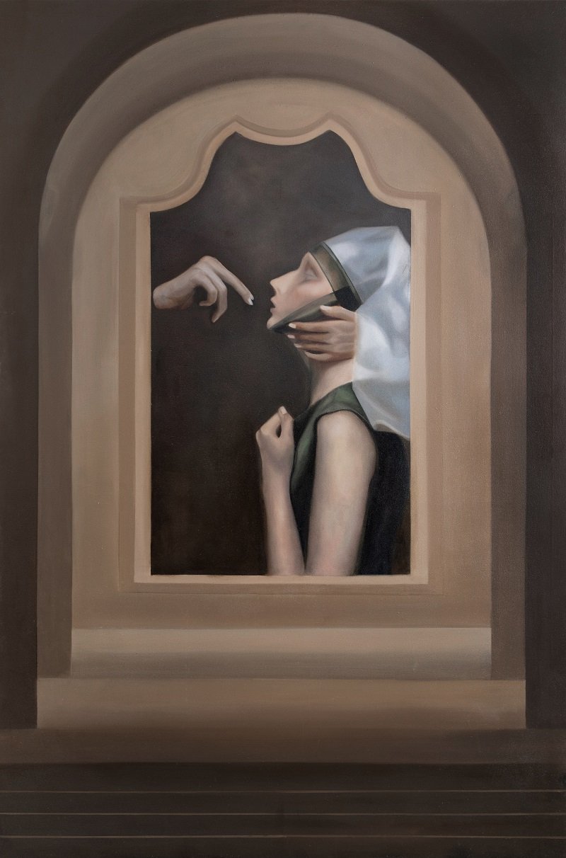  Suyi Xu,  A Woman under the Influence , 2021. Oil on canvas, 72 x 48 inches ©Suyi Xu, Photograph by Xi Zhou, courtesy of Fou Gallery 