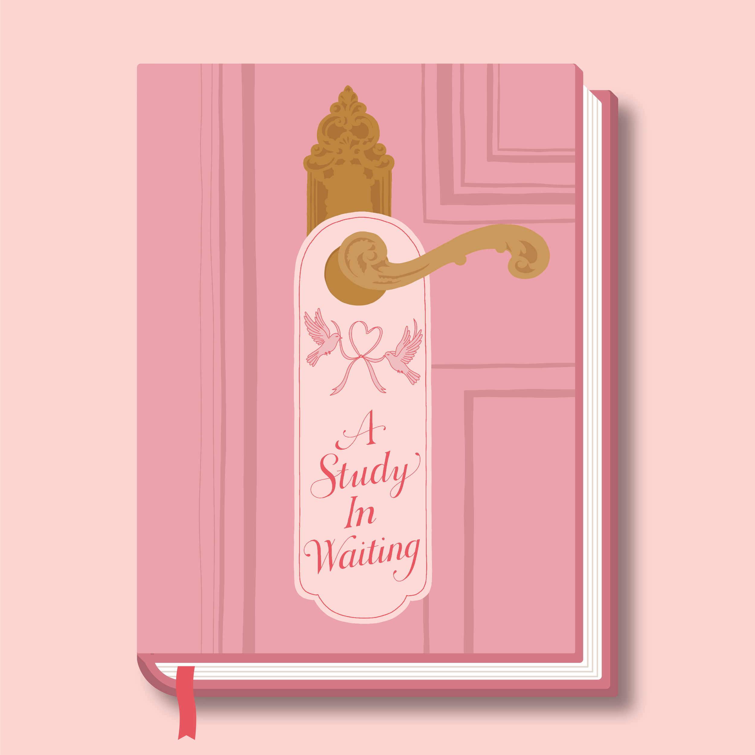 A pink hardcover book with an ornate gold decoration at the top of the spine and a pink ribbon bookmark. The cover features a pink dove, a red heart, and the text 'Study In' in cursive.