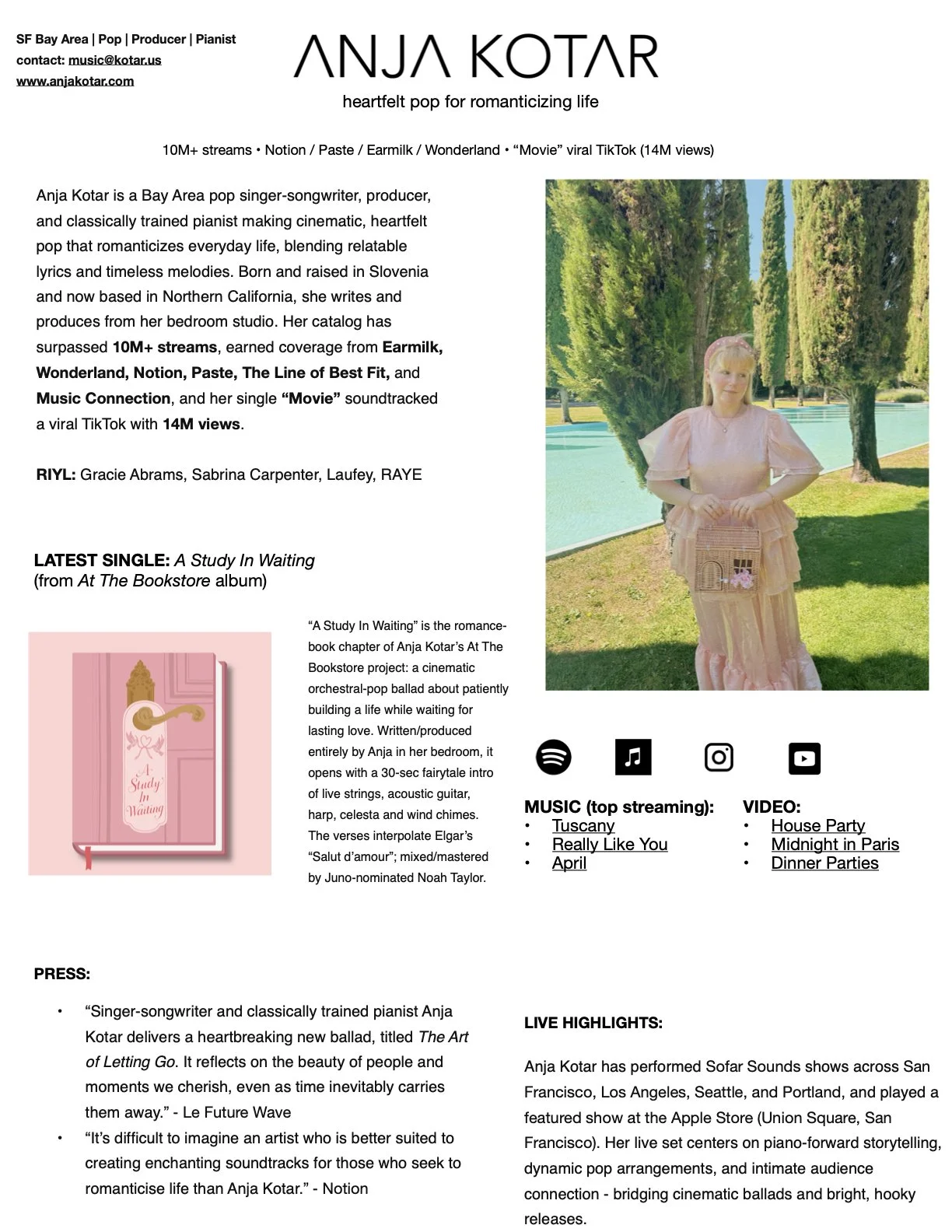 A promotional flyer for Anja Kotar, a pop singer-songwriter. The flyer includes her logo, contact info, a photo of her in a pink dress with a pink headband, standing outside among trees and a pool. The flyer highlights her music and video links, latest single, and her live performance highlights.