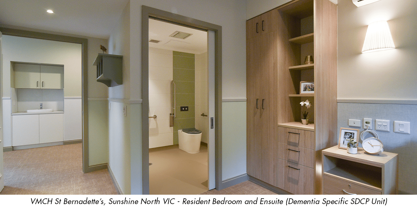 VMCH St Bernadettes Victoria,  Aged Care Resident Bedroom and Ensuite Interior Design for BPSD Unit. Award Winning Design