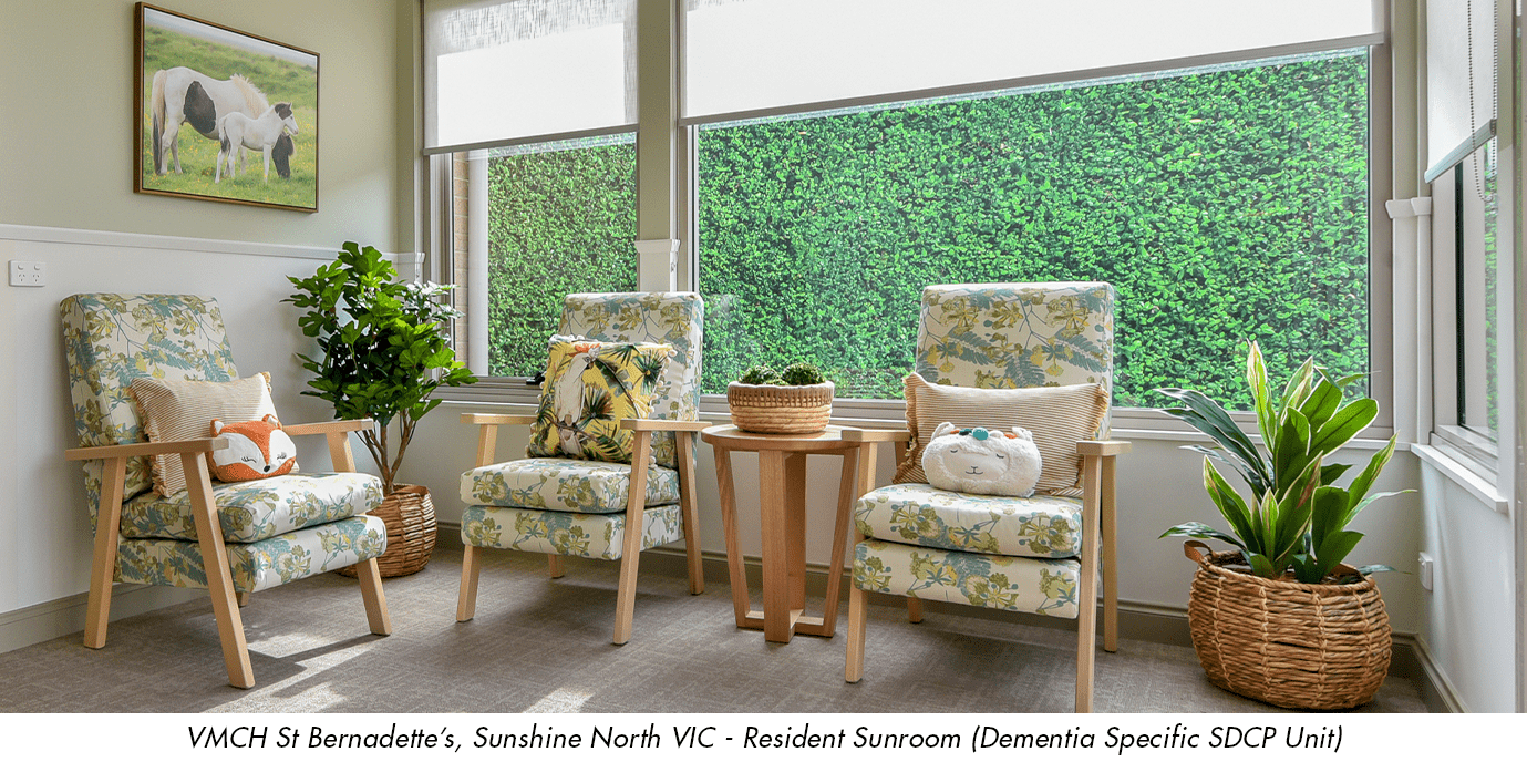 VMCH St Bernadettes Victoria dementia sitting sunroom design for a SDCP Unit. Award Wining Facility Design by De Fiddes.