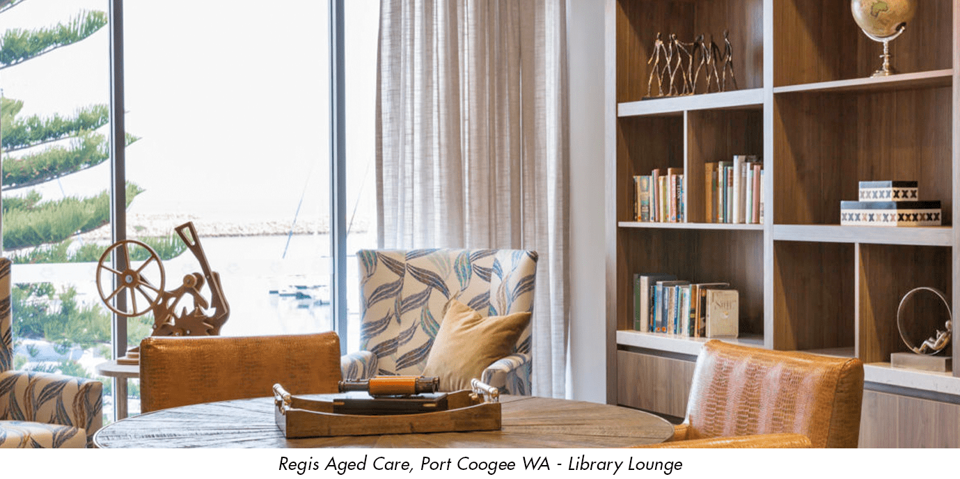 Regis Aged Care Port Coogee Perth Resident Lounge with Library theme. Spaces for engagement and relaxation. Full decor and design by de Fiddes