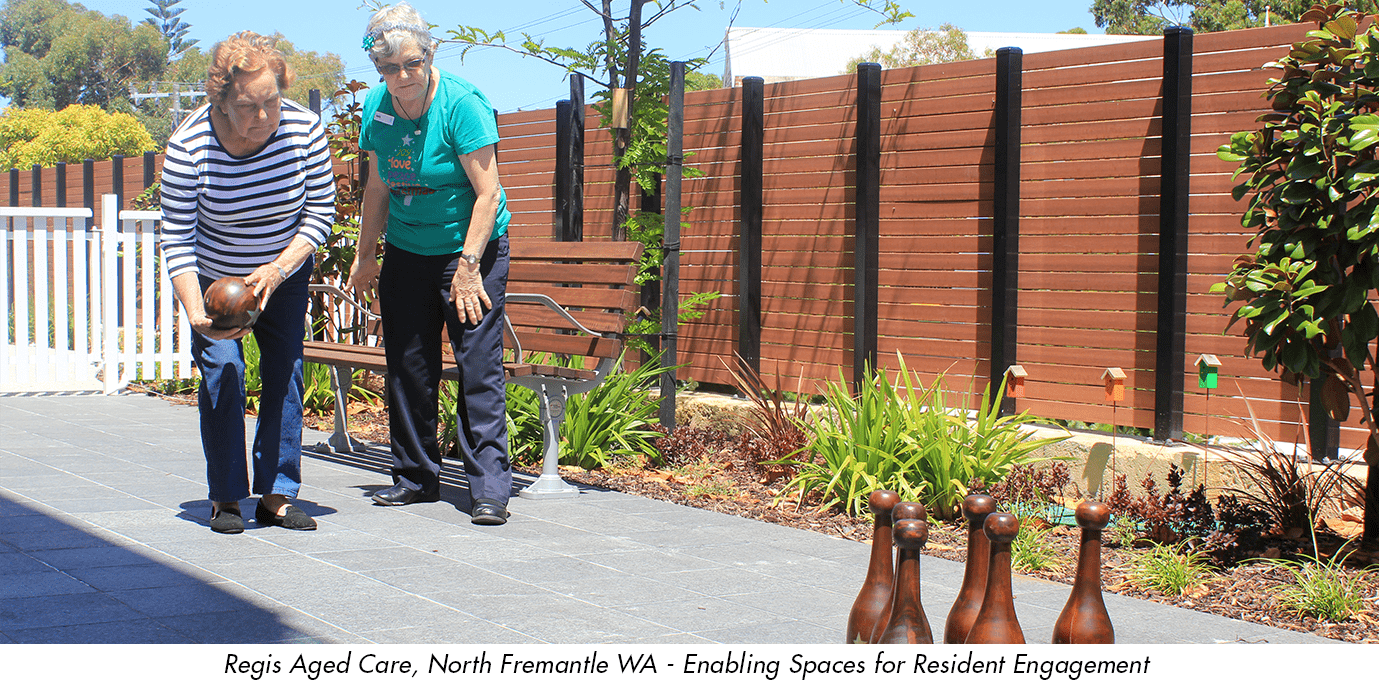 Outdoor spaces which enable Resident Engagement at Regis north fremantle Perth Dementia specific facility by De fiddes