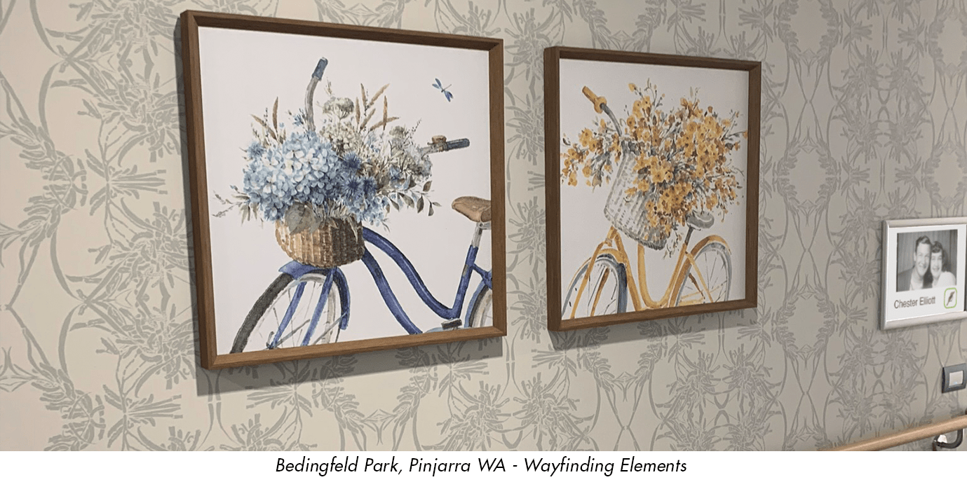 Dementia Unit Wayfinding artwork and feature wall paper. Plus Resident Room Identifiers by de Fiddes Bedingfeld Park Pinjarra Perth WA