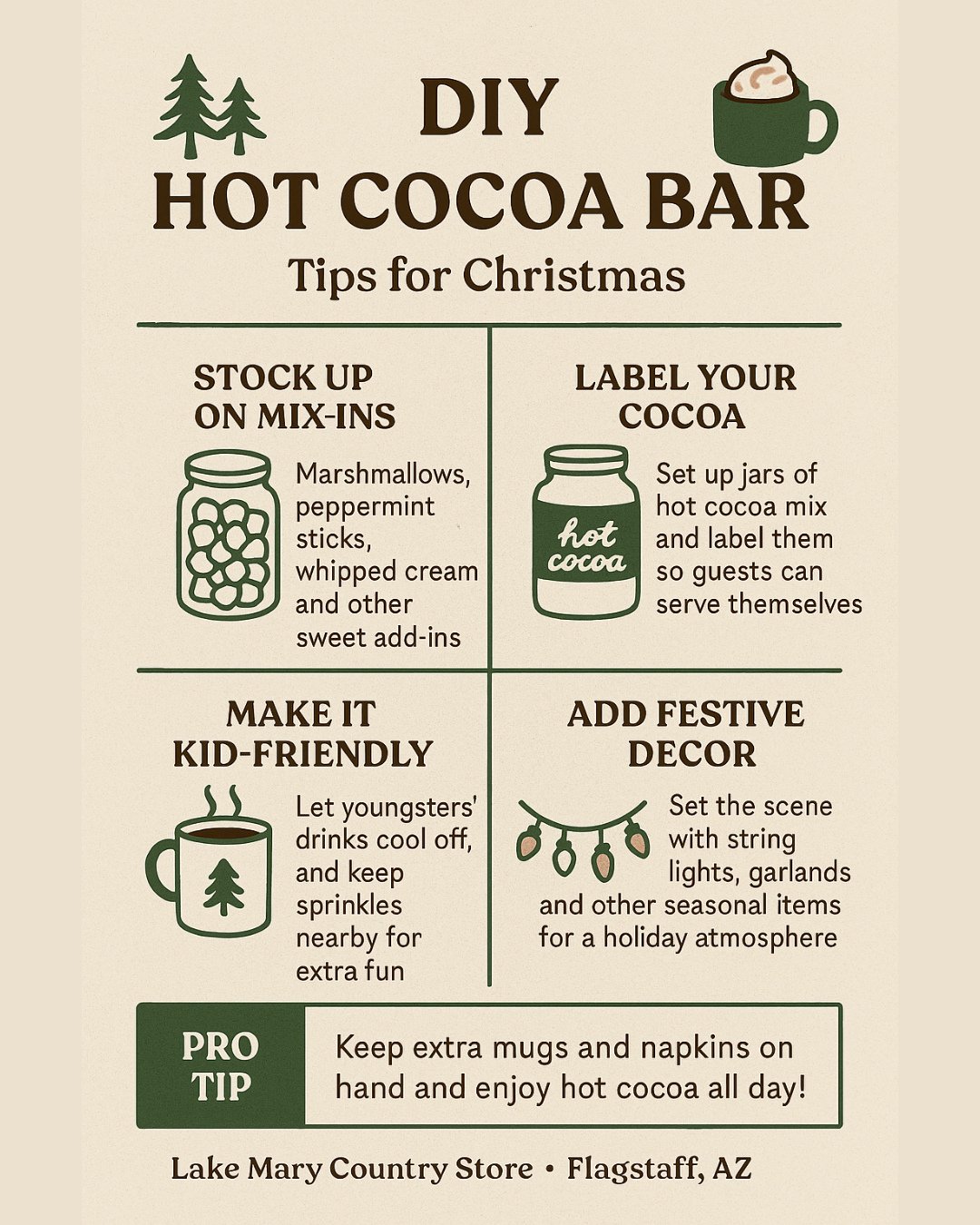 Warm up your holidays with a DIY hot cocoa bar! 🍫🎄⁠
Mix-ins, marshmallows, peppermint sticks&hellip; build it your way and sip all season long.⁠
⁠
The perfect Christmas treat for cozy nights by the tree. ❤️⁠
⁠
⁠
⁠
Lake Mary Country Store⁠
Closed fo