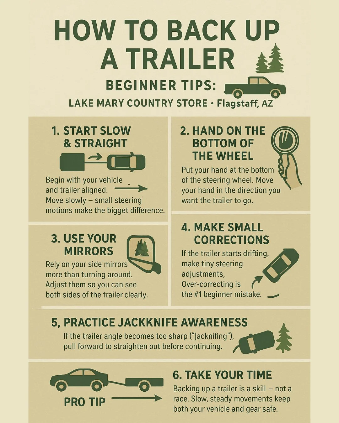 Backing up a trailer isn&rsquo;t easy &mdash; but with a little practice (and a lot of patience) you&rsquo;ll be navigating boat ramps and forest roads like a pro. Start slow, use those mirrors, and don&rsquo;t be afraid to pull forward and reset! 🌲