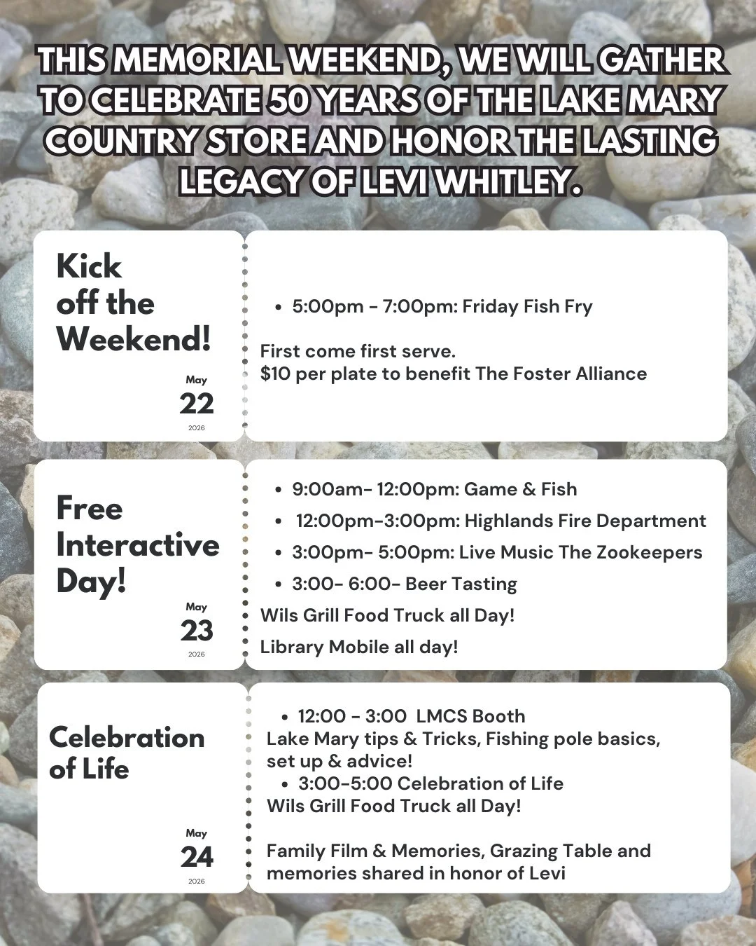 Mark your calendars&mdash;Memorial Weekend at Lake Mary Country Store 🤍⁠
⁠
Friday 5/22 (5&ndash;7 PM)⁠
Fish Fry &mdash; $10/plate⁠
Benefiting The Foster Alliance⁠
⁠
Saturday 5/23⁠
9&ndash;12: Game &amp; Fish⁠
12&ndash;3: Highlands Fire⁠
3&ndash;5: L