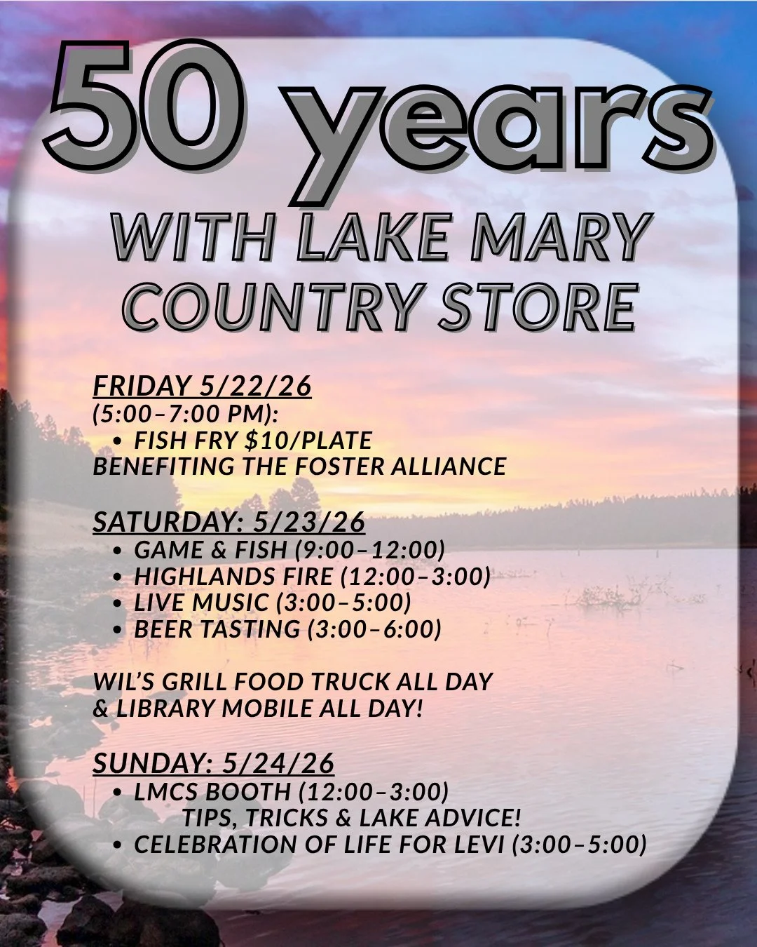 We&rsquo;re celebrating 50 years with Lake Mary Country Store 🤍⁠
⁠
Join us Memorial Weekend for a full weekend of community, connection, and the moments that have made this place so special over the years.⁠
⁠
Friday (5&ndash;7 PM)⁠
Fish Fry ($10/pla