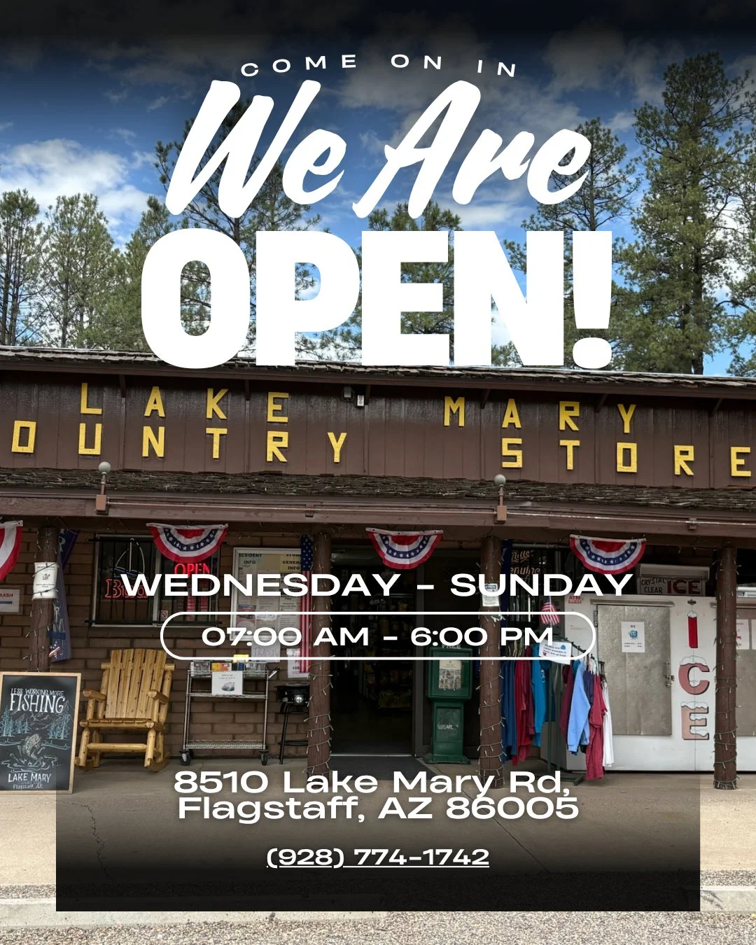 We&rsquo;re back! 🌲☀️ Lake Mary Country Store is officially open for the season.⁠
Swing by, stock up, and soak in the views&mdash;good days start here.⁠
⁠
⁠
⁠
📍 Lake Mary Country Store⁠
Convenience &bull; RV Park &bull; Kayak Rentals &bull; Local V