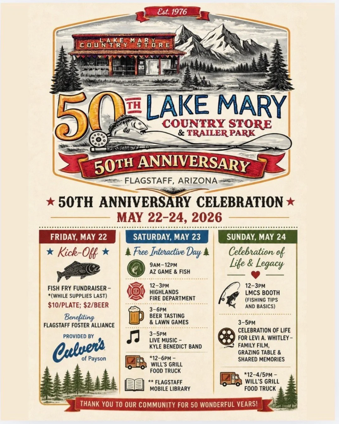 50 years of Lake Days, family traditions, and stories that start right here 🌲

We&rsquo;re celebrating 50 years of Lake Mary Country Store with a full weekend of community, connection, and a whole lot of fun:

✨ Friday (May 22)
Kick-Off Fish Fry Fun