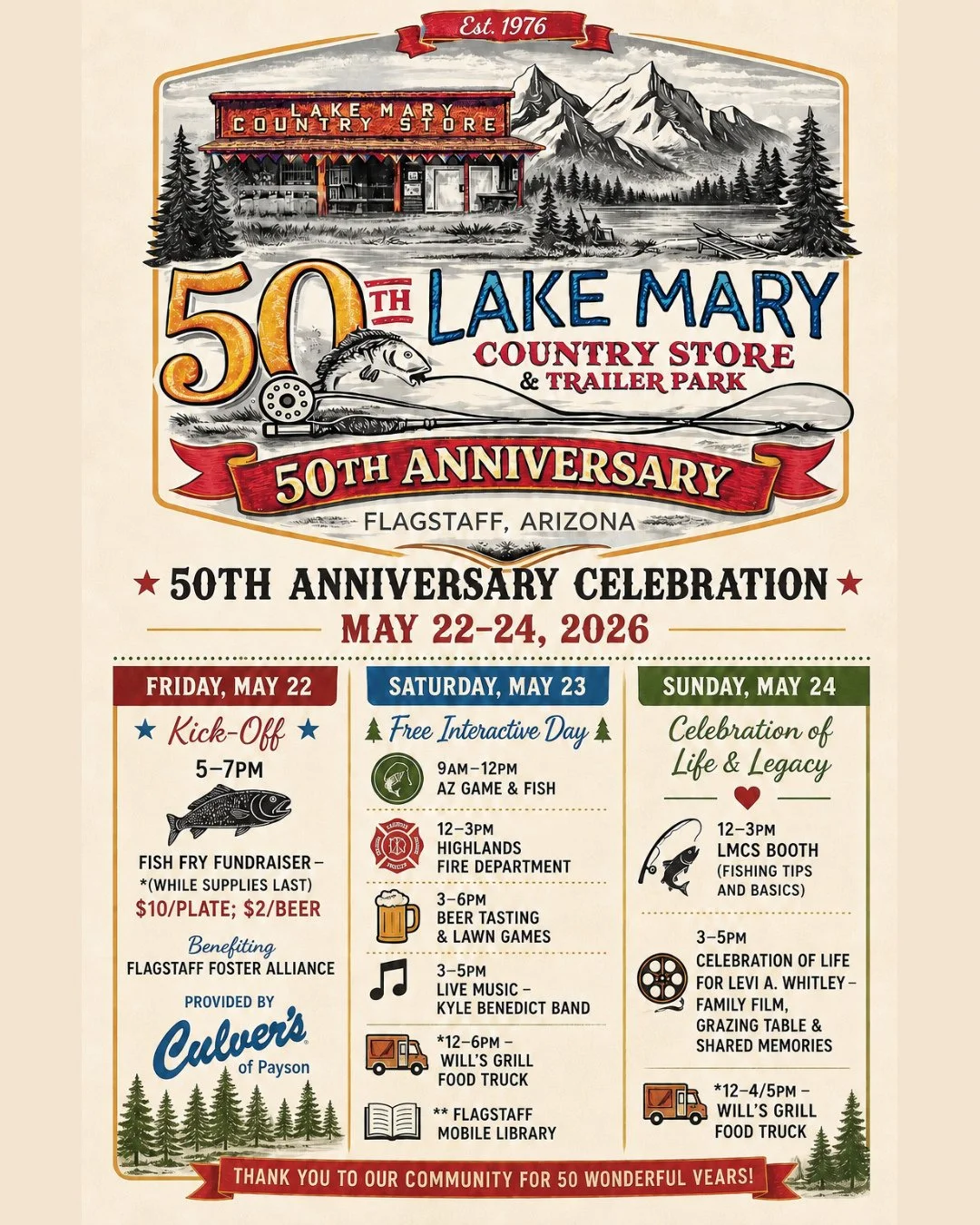 50 years of memories, community, fishing stories, road trips, summers at the lake and generations of familiar faces. ❤️

Join us May 22&ndash;24 as we celebrate 50 years of Lake Mary Country Store with a weekend full of community, live music, local p