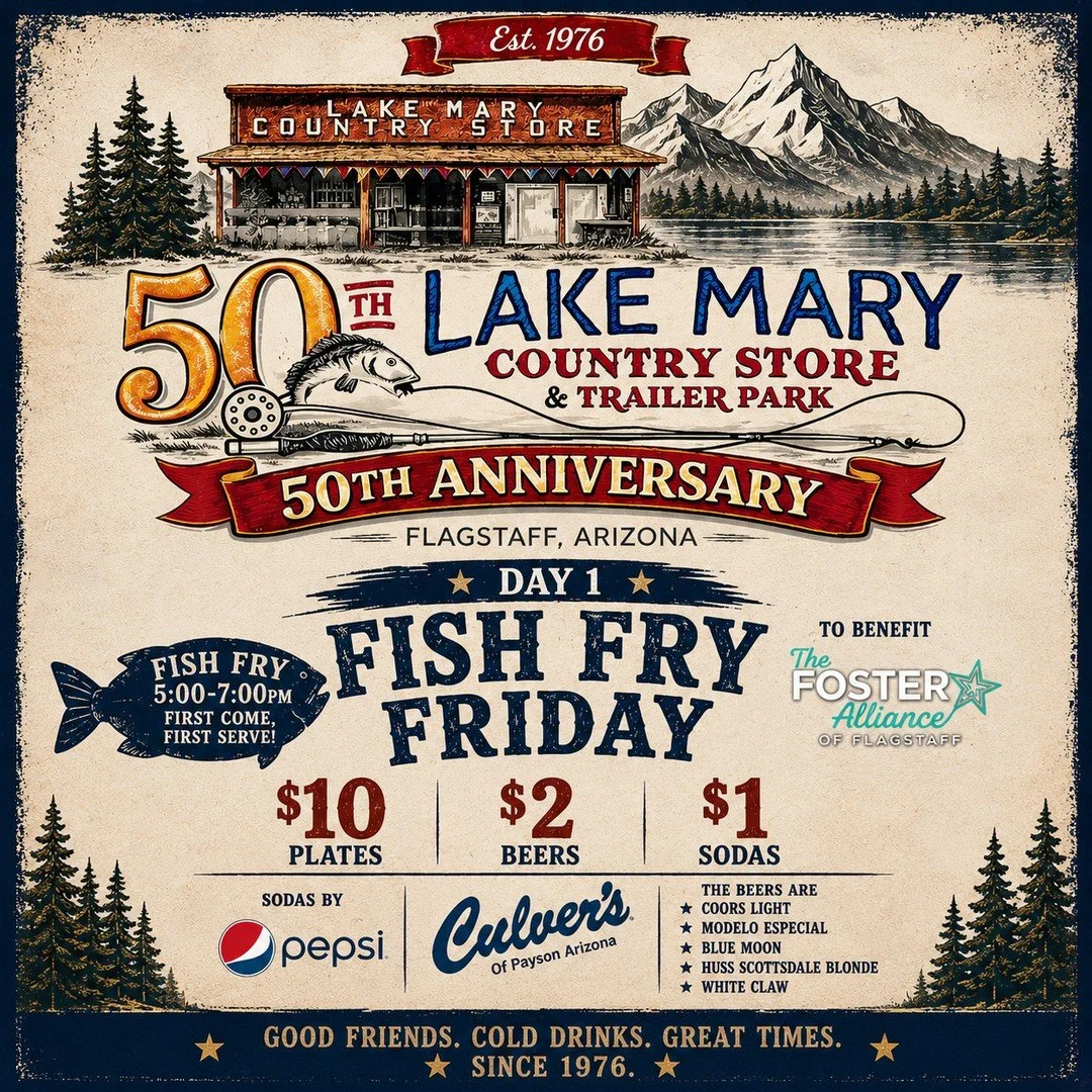 TODAY IS THE DAY 🎉🐟⁠
⁠
Day ONE of our 50th Anniversary Weekend is here and we&rsquo;re kicking things off with a Fish Fry Friday to benefit The Foster Alliance of Flagstaff ❤️⁠
⁠
Join us from 5:00&ndash;7:00 PM for fresh fish plates, cold drinks, m