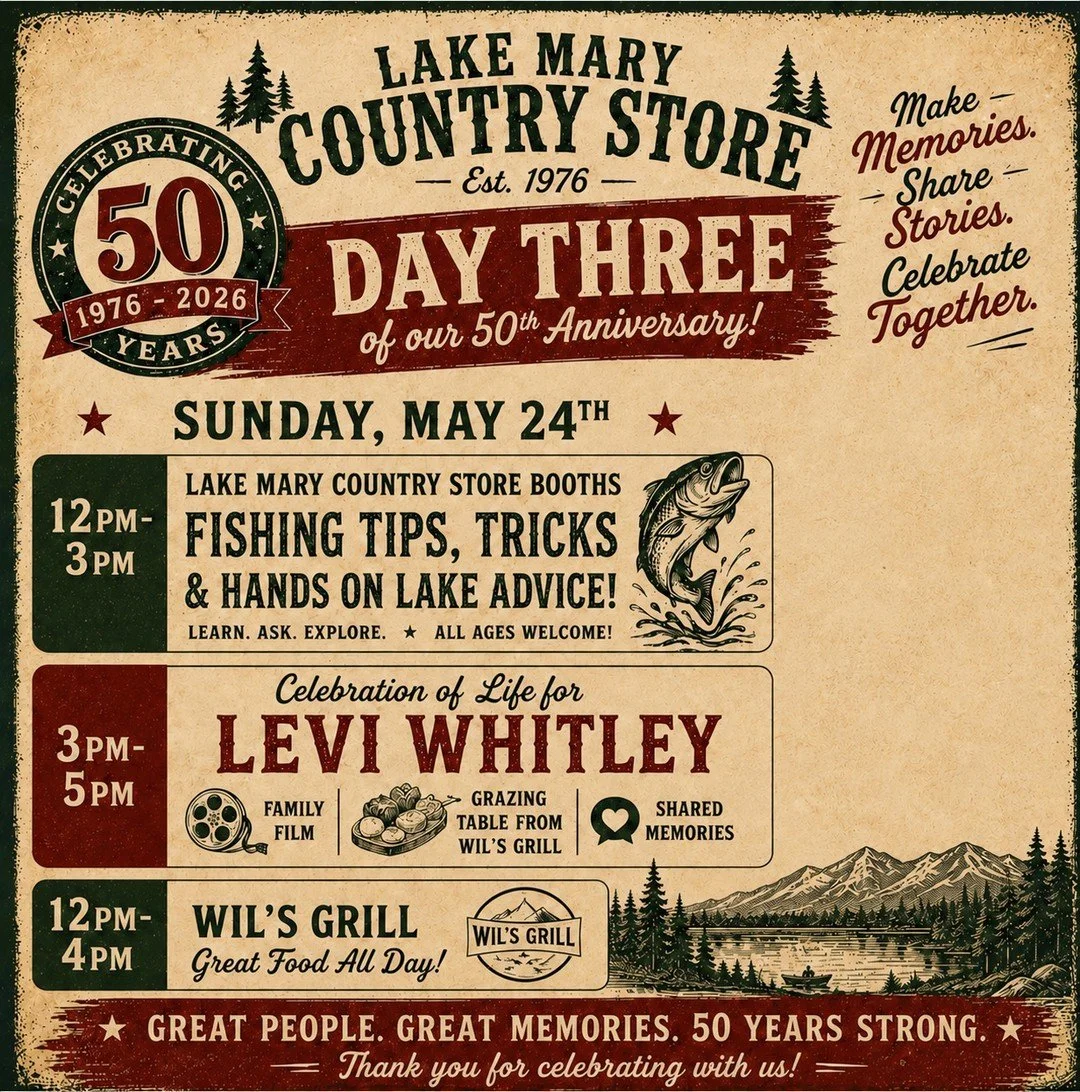 DAY THREE ❤️🎣⁠
⁠
Join us today as we wrap up our 50th Anniversary Weekend with a day centered around stories, community and the people who made Lake Mary Country Store what it is today.⁠
⁠
From 12&ndash;3 PM we&rsquo;ll have a LMCS booth sharing fis