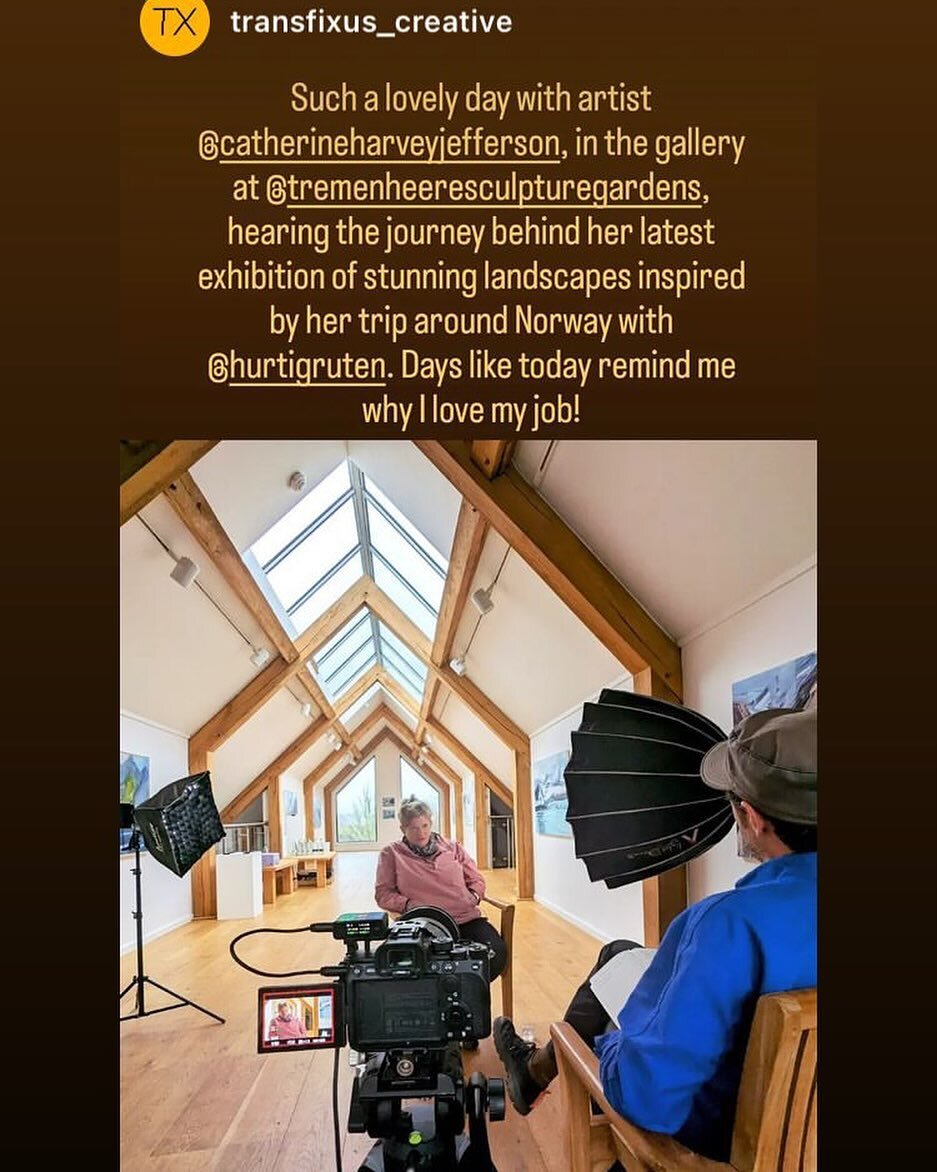 Working with Christian Kay of #transfixus_creative and Jamie Matson, Head of film #hurtigruten . A long day starting with filming in my little studio in Trewellard and then on to the show at Tremeneere Gallery, culminating in a viewing of the work  a