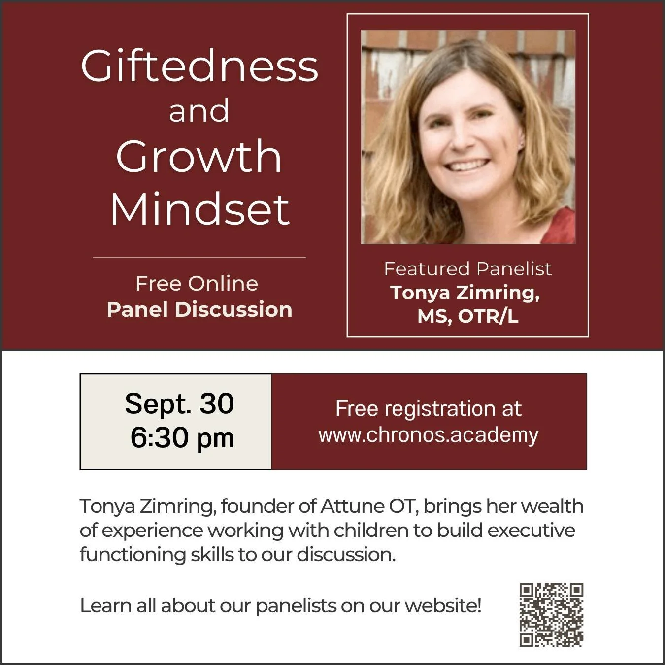 Tonight! We're excited to host a fabulous panel of experts for an important discussion about growth mindsets. You won't want to miss it!

Register to get the link:  https://bit.ly/growth-mindset-event

#parenteducation #chronosacademy #giftedlearners