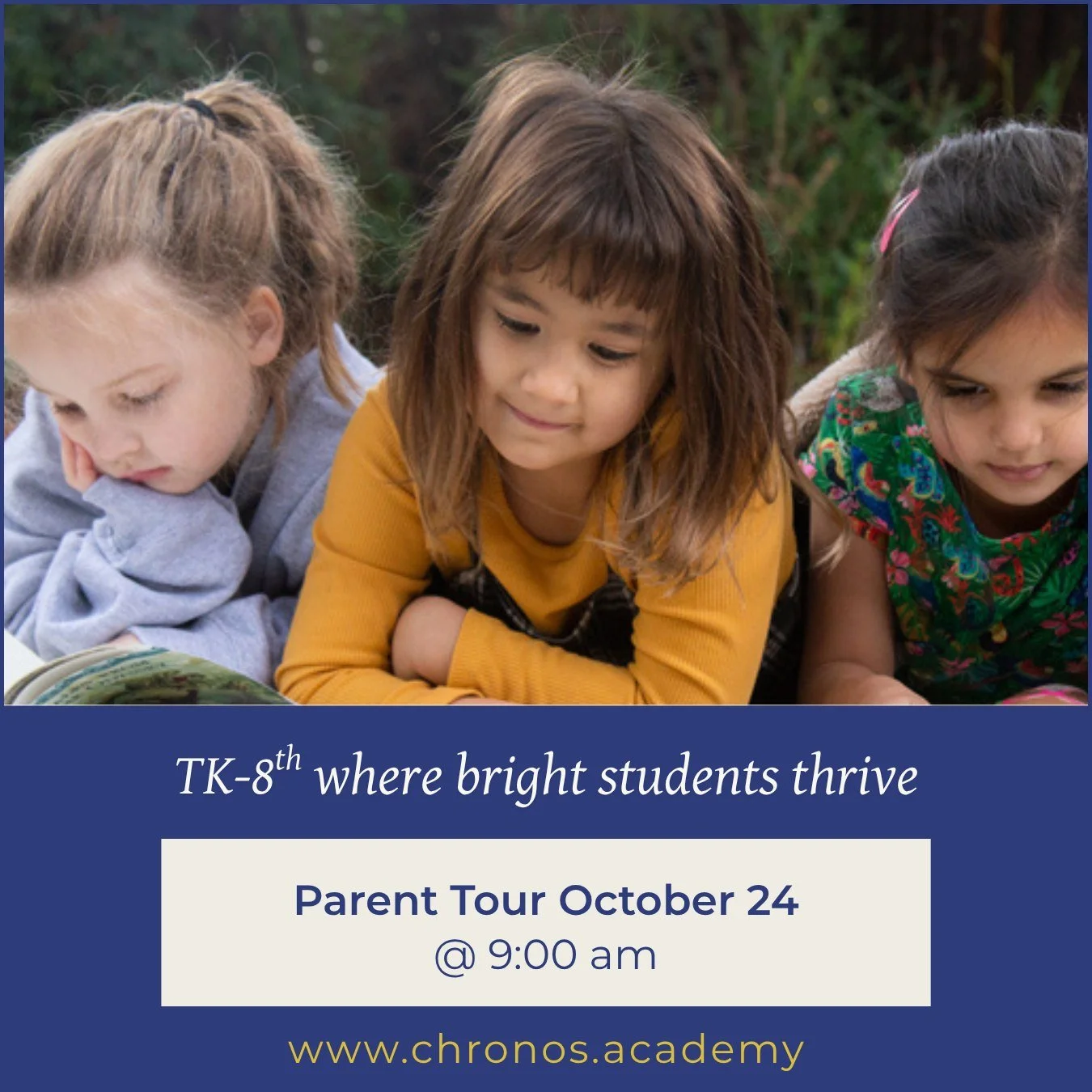 At Chronos Academy, our TK-8 students learn at their own pace. They're not held back when they're ready to race ahead, and they're supported when they need extra help. Join our tour this Friday to discover Chronos for yourself! 
Register on our webs