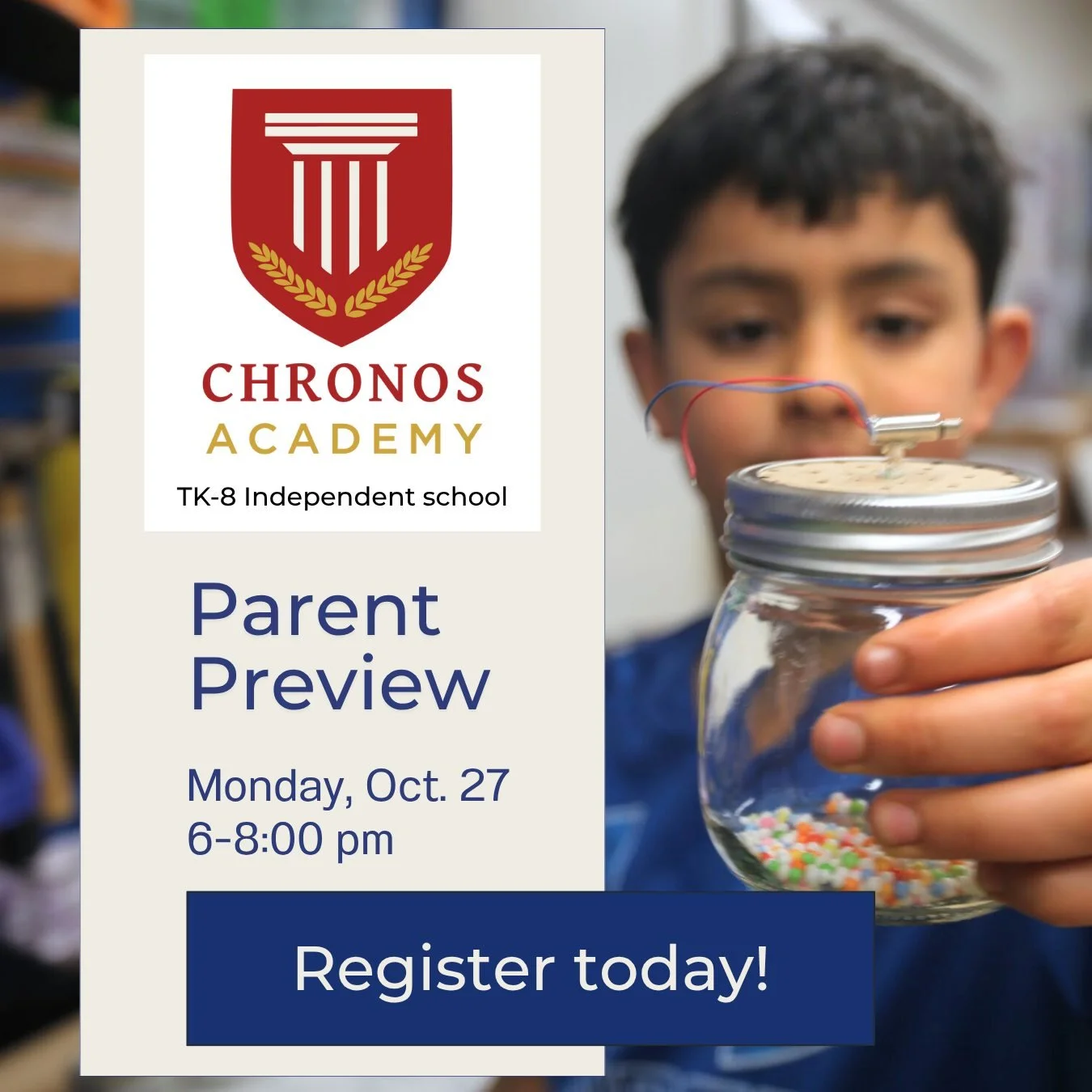 Chronos Academy is the perfect school for kids who love to learn.  With rich content, open challenges, varied experiences and quality feedback students stretch to their  potential. 
Join our Parent Preview on Monday 10/27 to learn more: https://www.