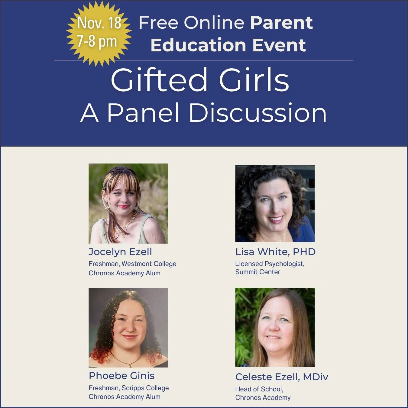 Don't miss our Virtual Panel Discussion &quot;Gifted Girls&quot; -- Nov. 18 at 7pm. 

Gifted girls face unique challenges in the classroom. Join our event to learn ways to support them and help them reach their potential. 

Sign up for the zoom link 
