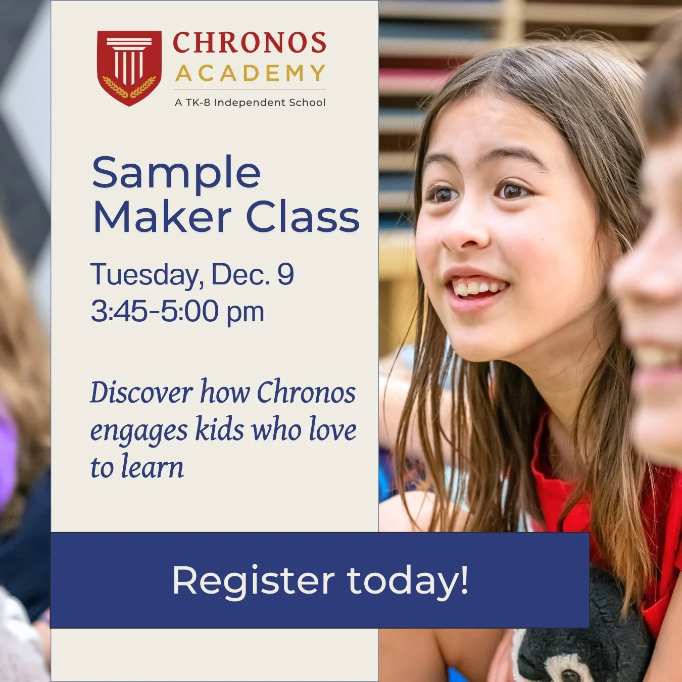 Chronos Academy gives bright and gifted kids the engaging education they need to reach their potential. 

Join our Sample Maker Class to discover how our program inspires kids who love to learn. 

 Register on our website today! https://bit.ly/sample