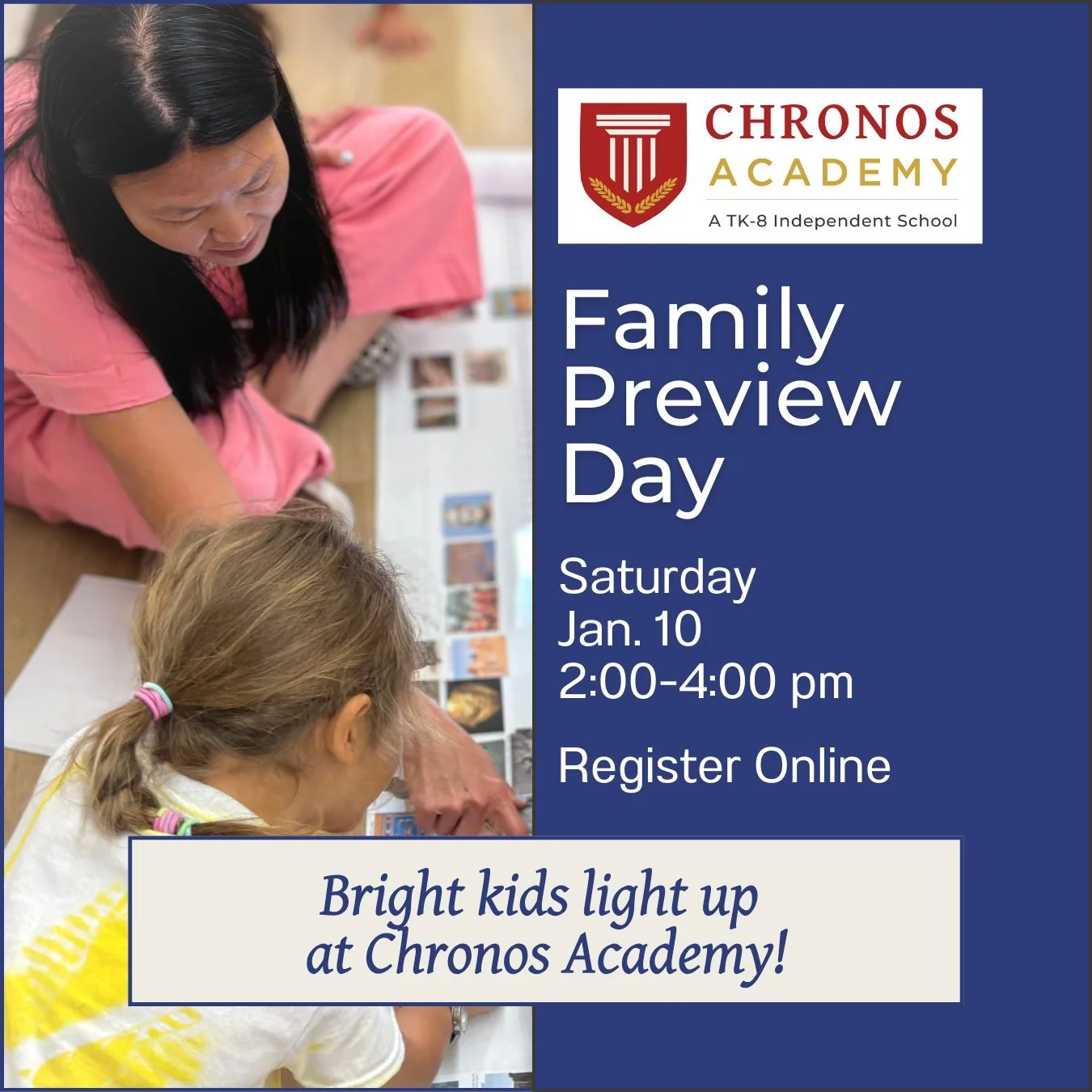 If you're curious about how Chronos Academy nurtures and engages bright kids, join our Family Preview this Saturday! Parents and students join in mini lessons and learn about our program. 

Register online: www.chronos.academy/sample-class-open-house