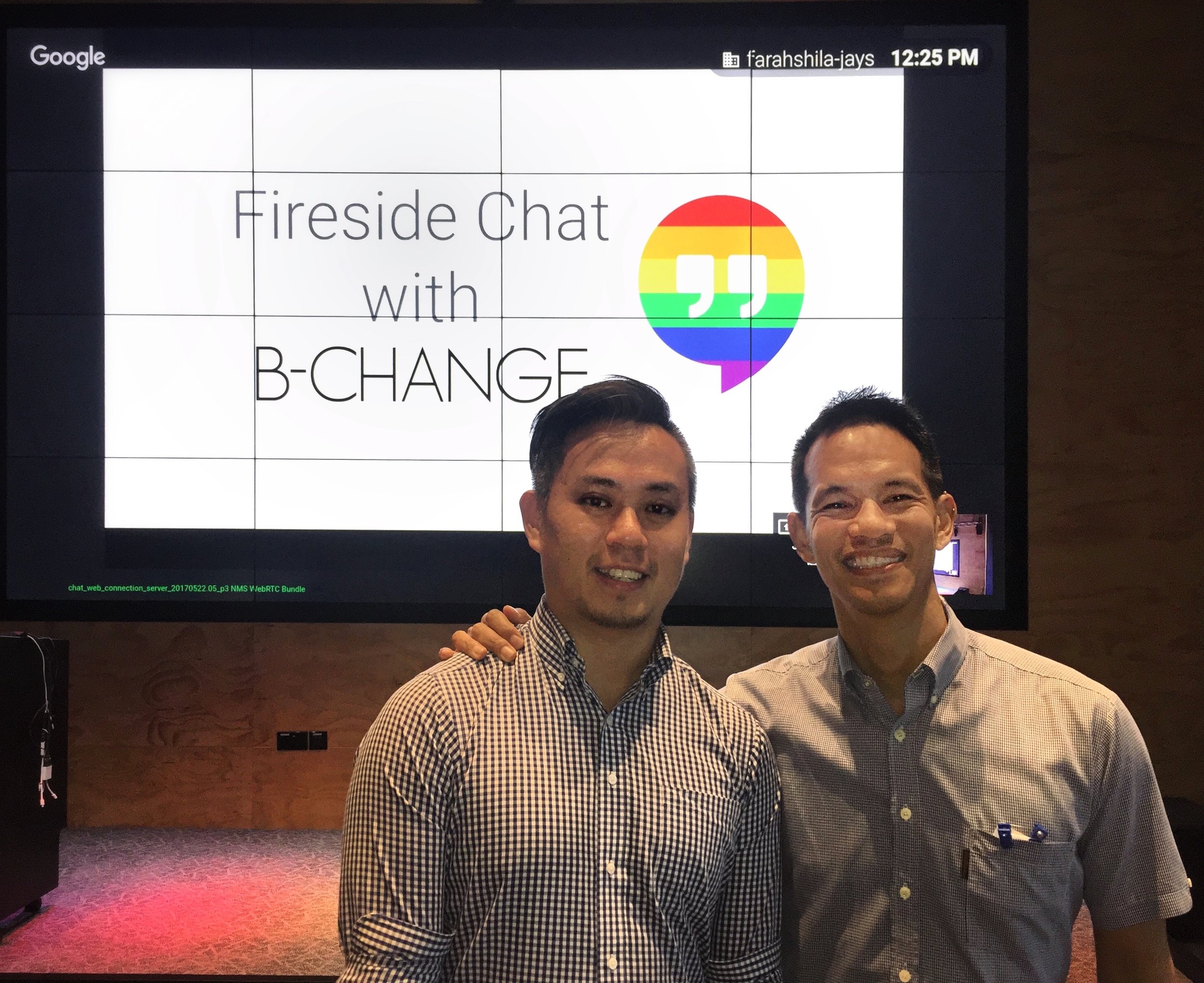 B-Change's founder Laurindo Garcia and impact research lead Bryan Choong together at Google Asia-Pacific headquarters in Singapore after a 'fireside' talking about the evolution of Be.
