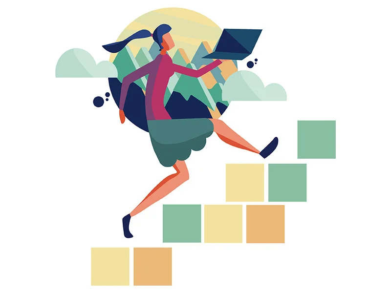 Image description: A woman rushes up a flight of steps with a laptop in hand. Photo source: Pavan Teja/Dribbble