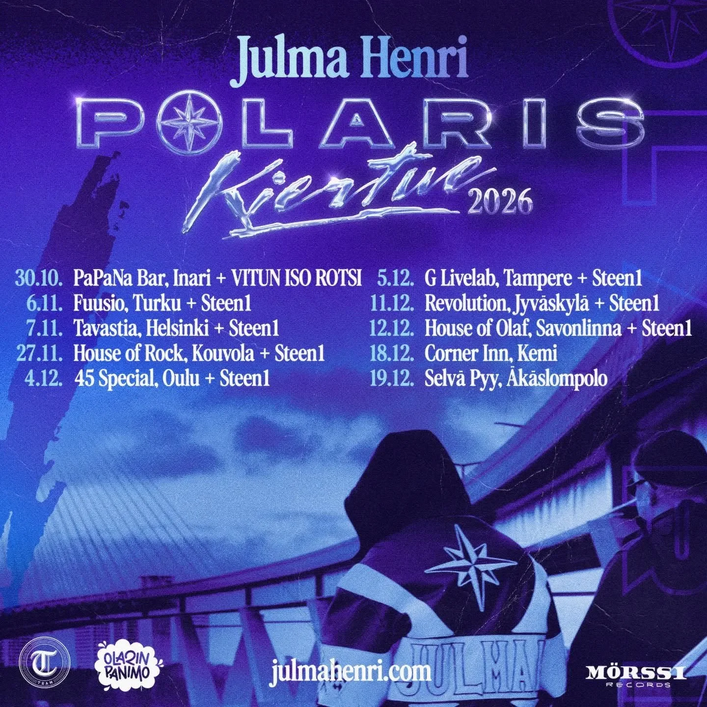 Kiertue starttaa ihan just 🥶 T&auml;g&auml;&auml; kaveri kenen kanssa olet tulossa ja osallistut lippujen ja kiertuepaitojen arvontaan 🏁

#JulmaHenri #Polaris #Steen1 #vitunisorotsi #m&ouml;rssirecords