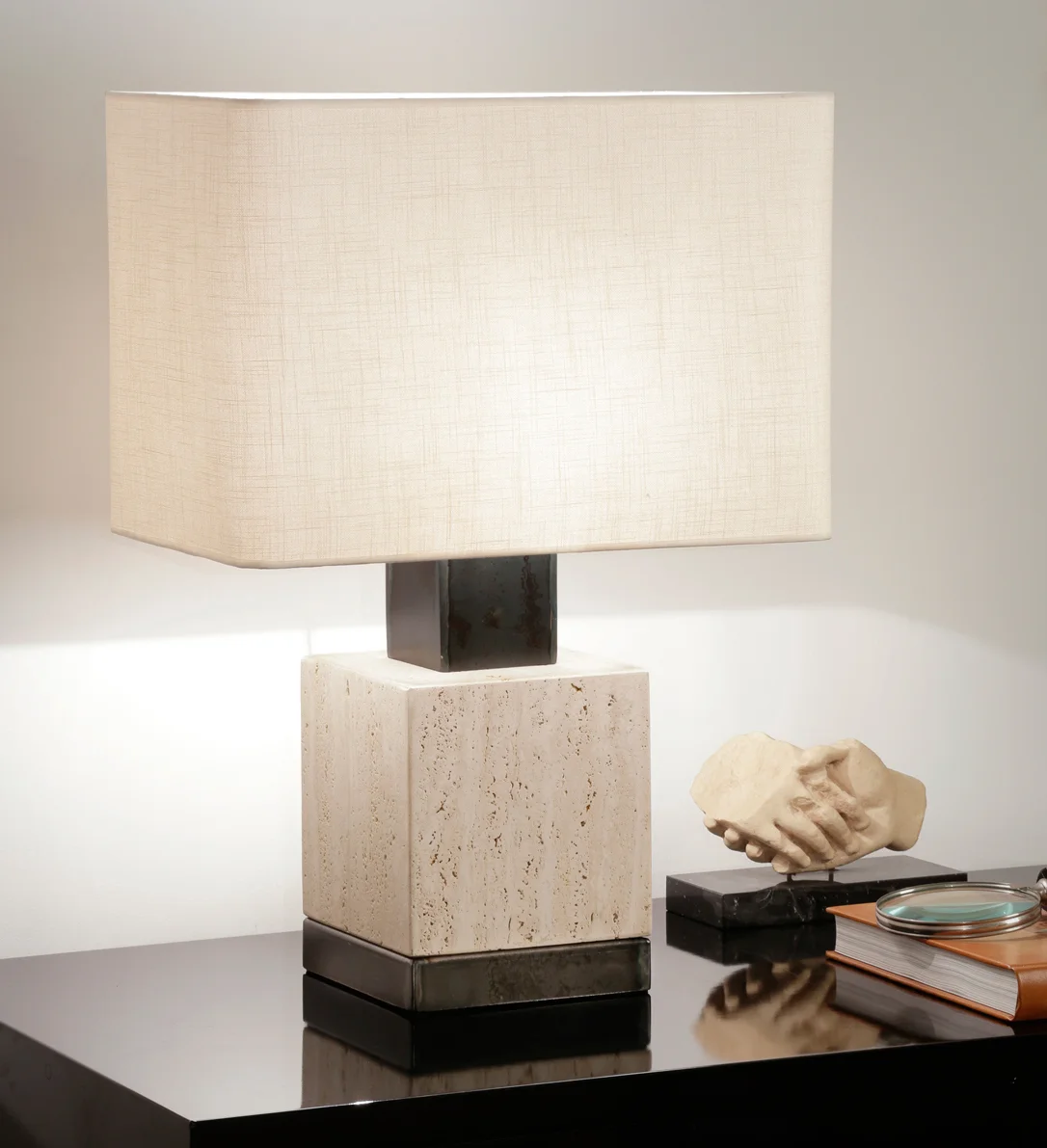Travertine handmade lamp w/ oxidized metal detail