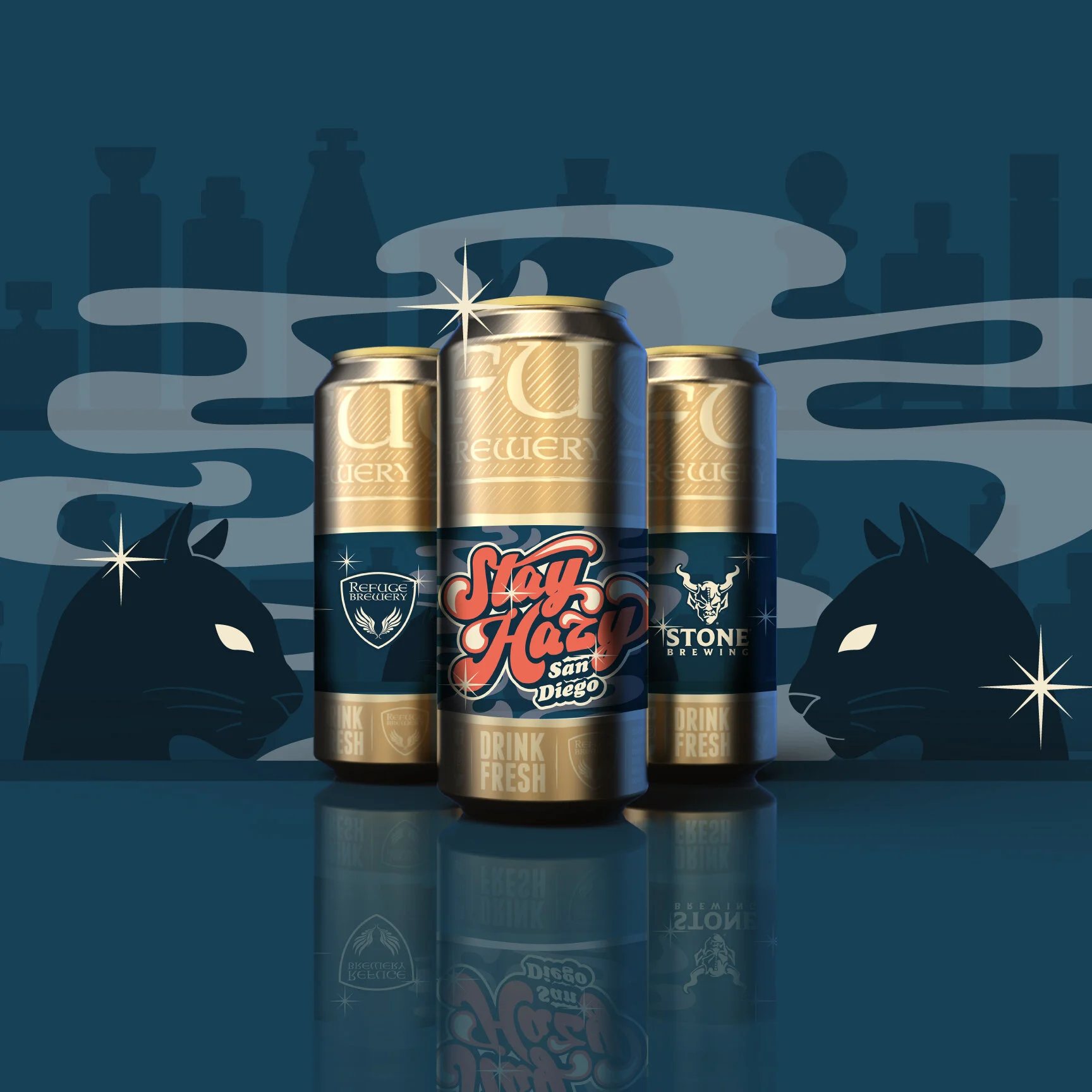  Refuge Brewery commissioned custom  Anchorman -inspired artwork to brand a collaboration with Stone Brewing: Stay Hazy San Diego.   I paired 70s era hand-lettering with illustrations highlighting the brewer’s favorite scene in the movie and used the