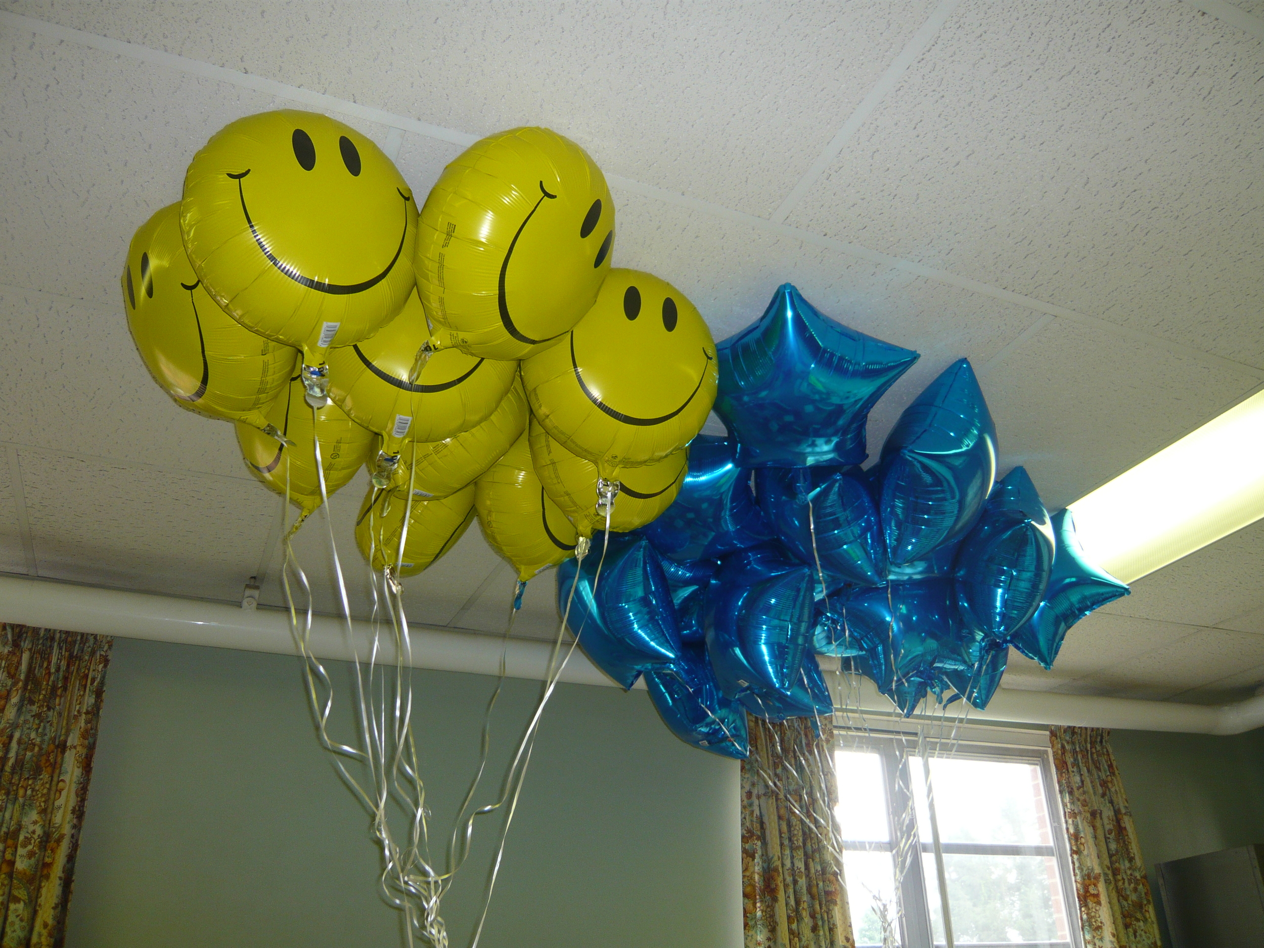  Balloons, balloons, and more balloons! Smiley-face balloons were used to indicate check out and blue balloons got category signs taped to them to tell what items went to each table!   