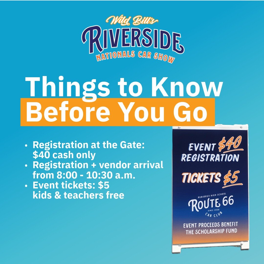 Things to know before you go to the 2025 Wild Bill's Riverside Nationals Car Show on May 10th.

Registration + vendor arrival from 8:00 - 10:30 a.m.
Registration at the gate: $40 cash only
Event tickets: $5, kids and teachers free
Event runs from 10 