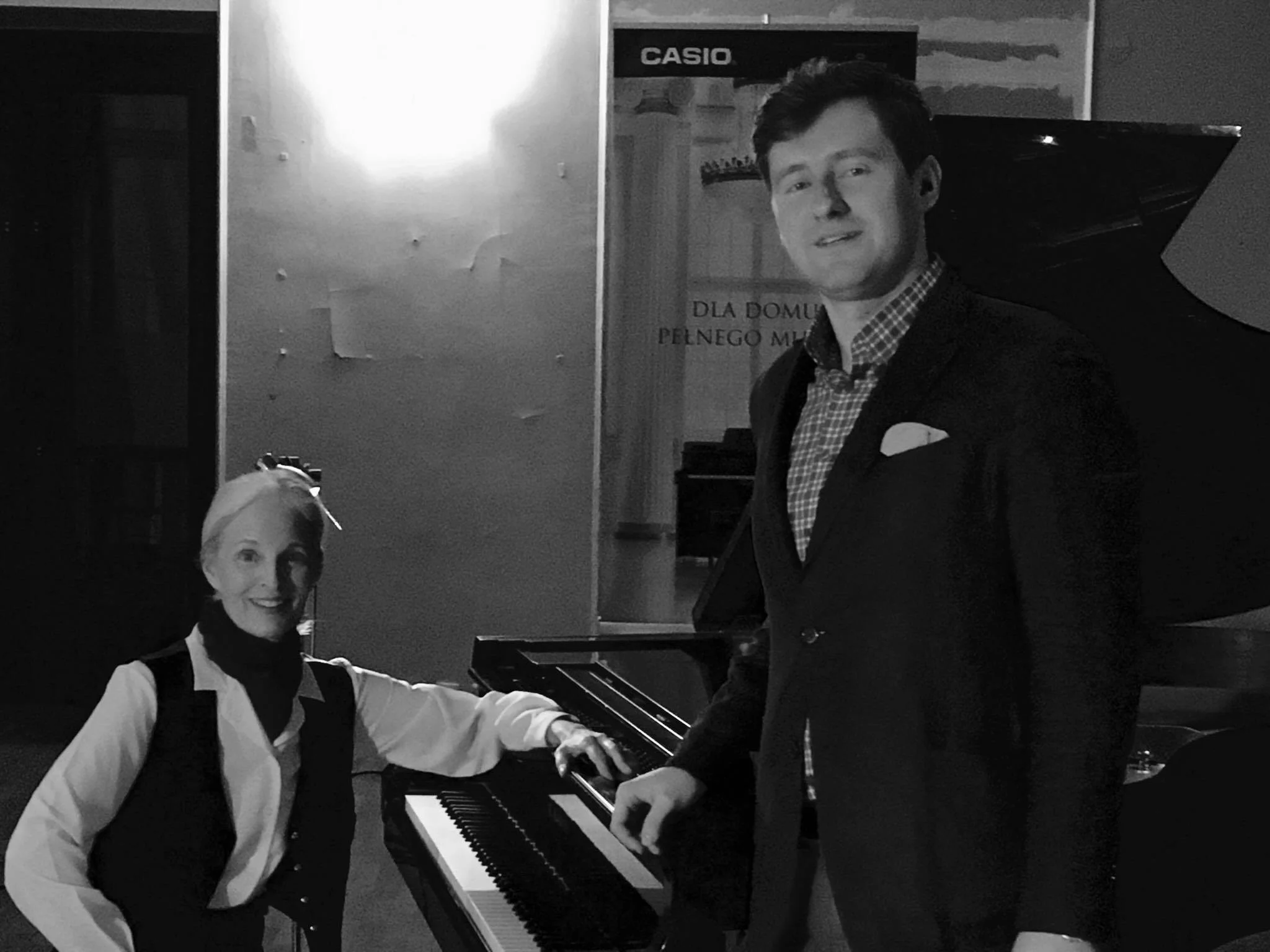 Pam as Chopin/Sand after one-woman show with Polish violinist Mareusz Strzelecki, February 23, 2017.