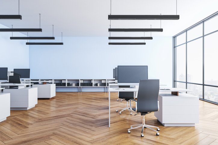 Linear lighting fixture suspended over office desks.