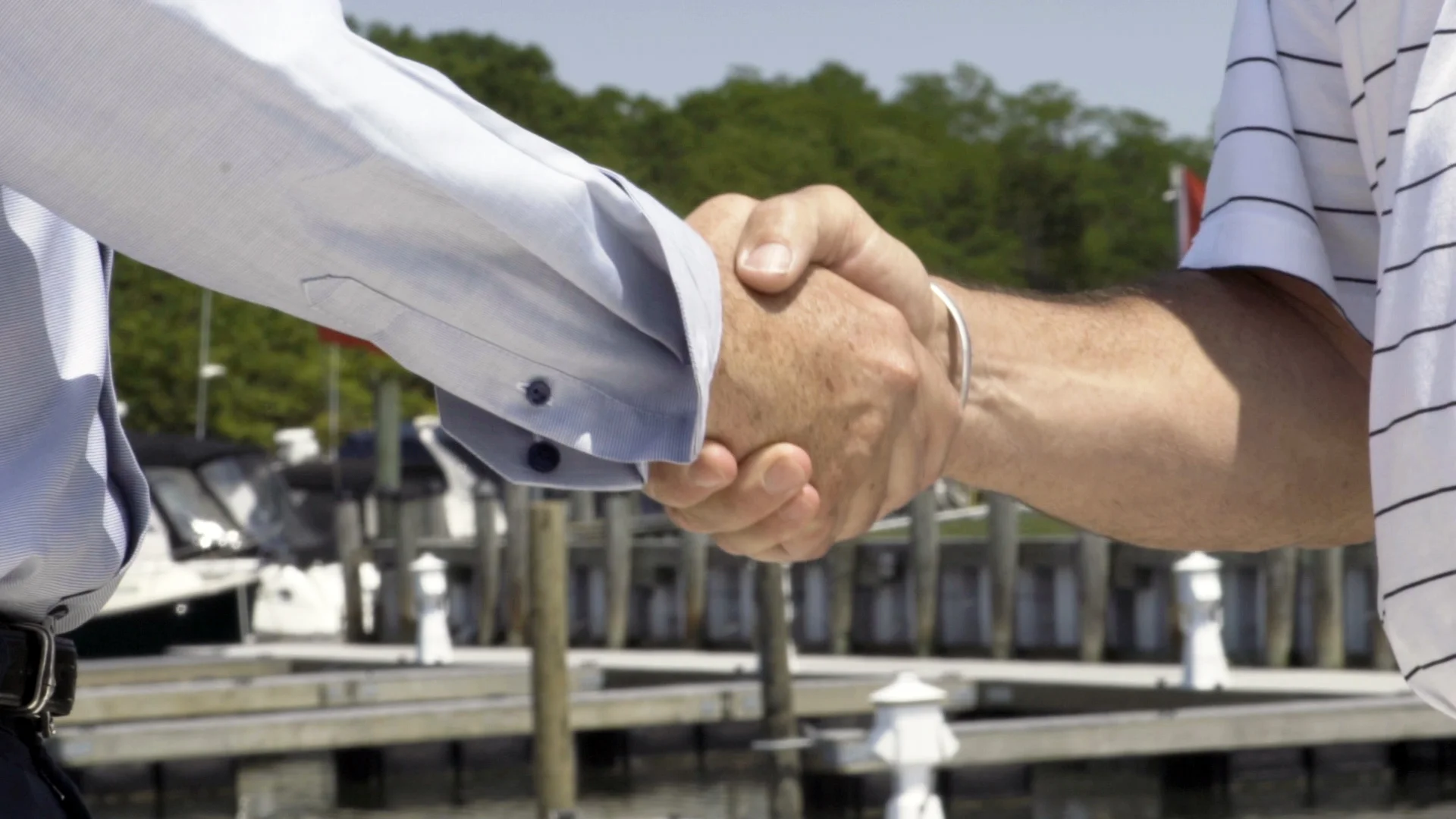 Handshake over a maritime background.