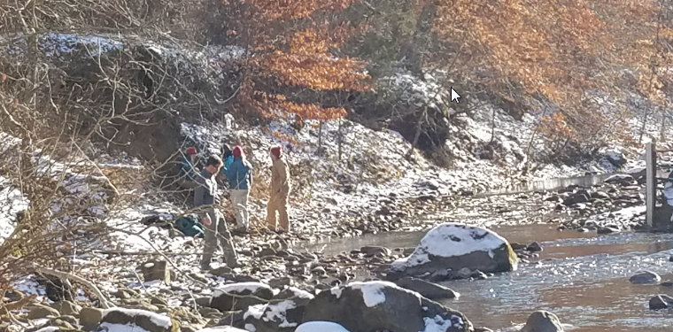 The team finding a location to sample in a cut bank.