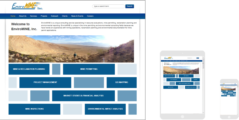 The old EnviroMINEinc.com website displayed on a desktop, tablet and smart phone screen using non-responsive website design.
