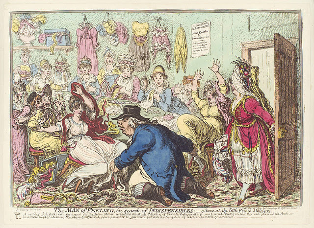 The Man of Feeling in Search of Indispensables; a Scene at the Little French Milliners, James Gillray, 1800