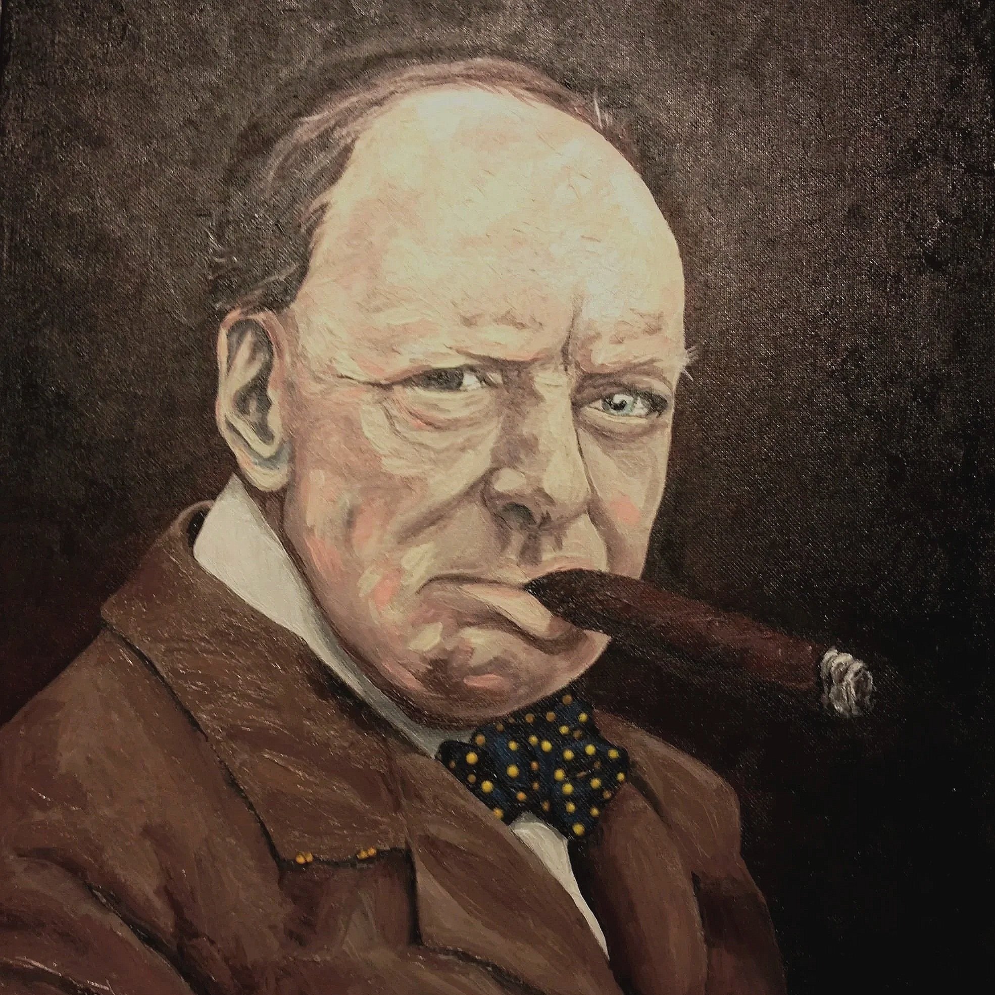 A close-up painting of a man's face with his right eye winking, wearing glasses, and a polka-dotted shirt.