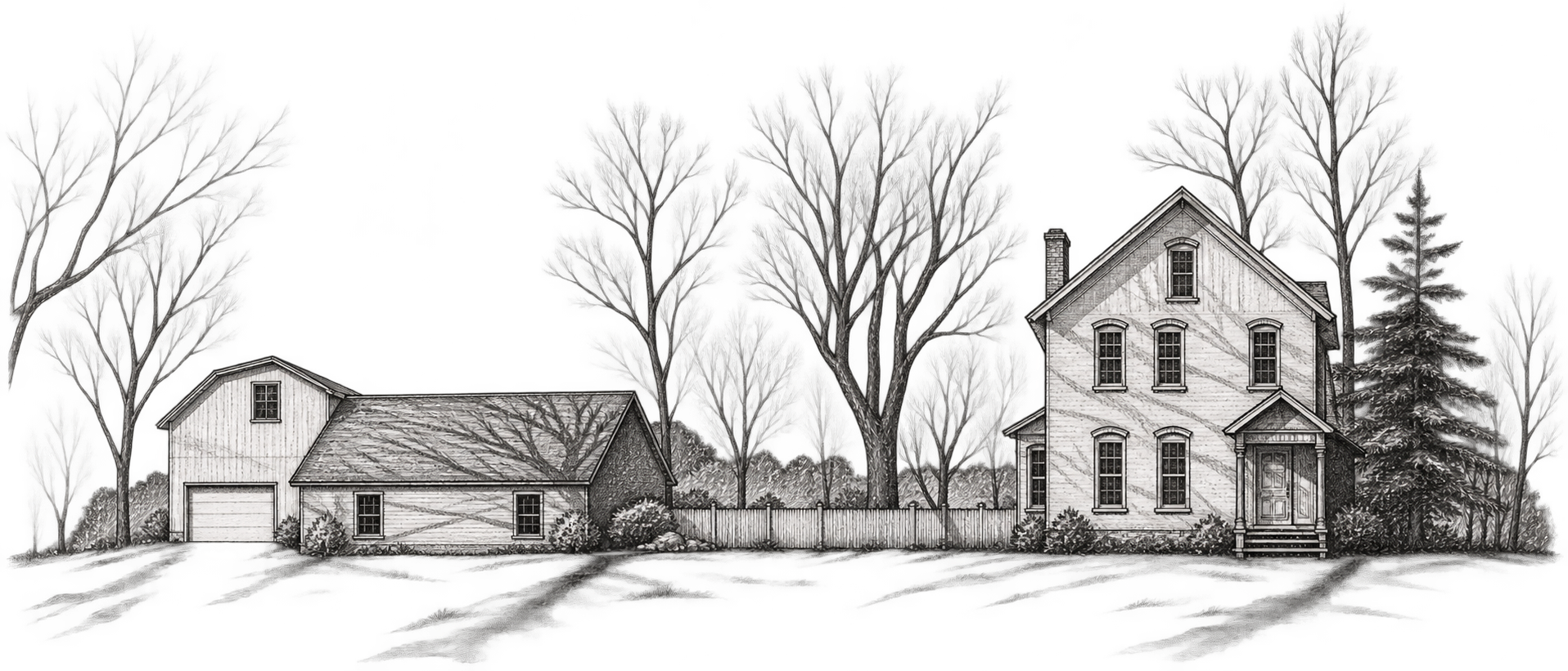 A black and white illustration of a two-story house with a front porch, surrounded by tall trees and a wooden fence.