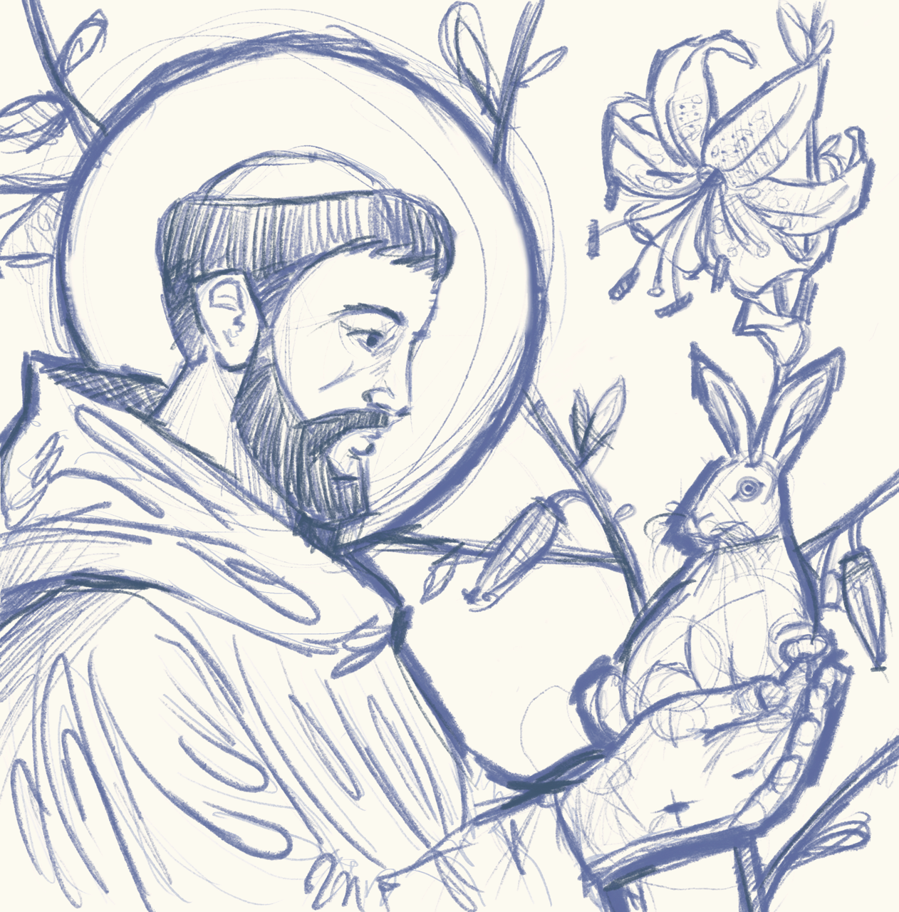 Sketch of a bearded man with a halo holding a rabbit, surrounded by flowers and foliage.